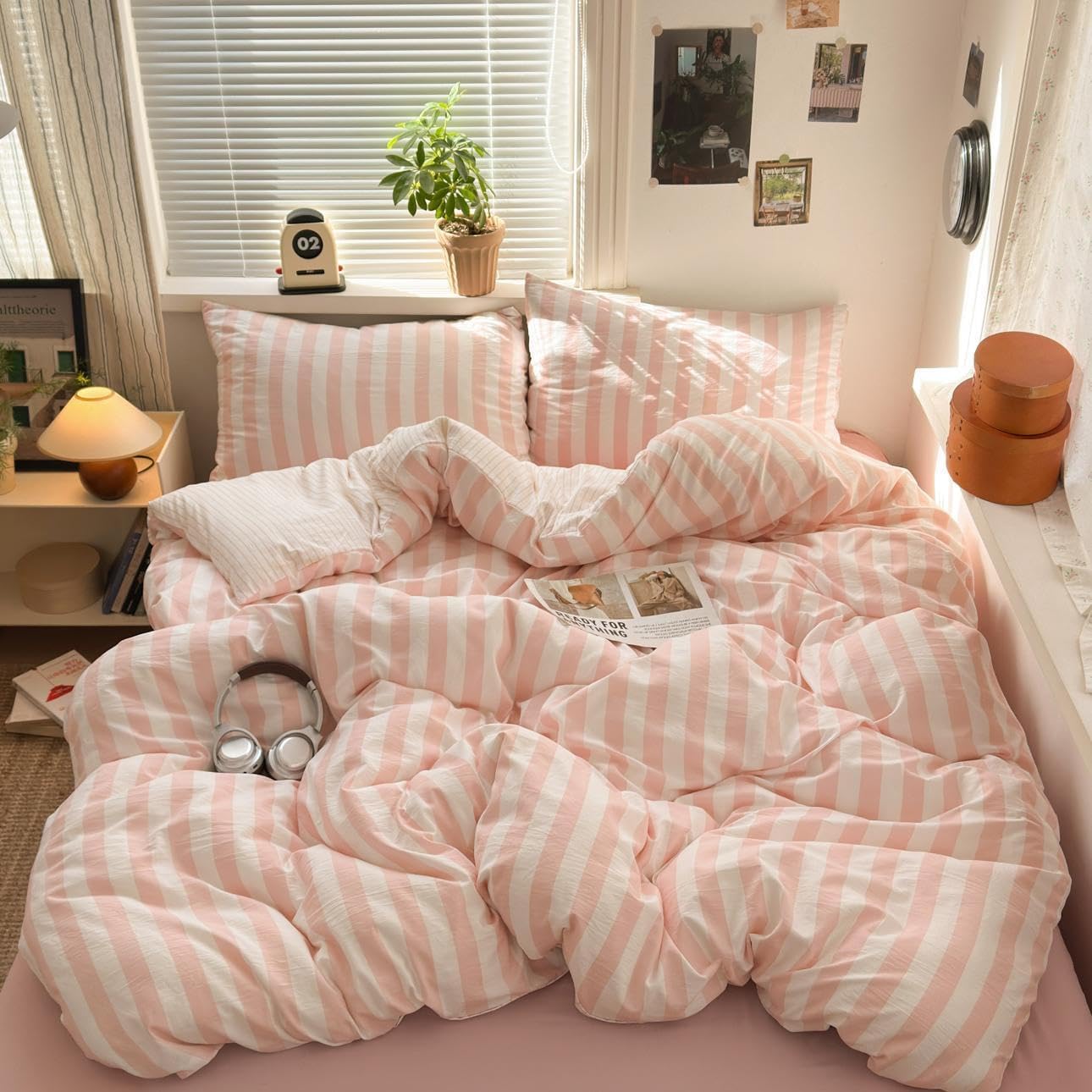 Freyamy Pink King Duvet Cover Set 3pcs Stripe Bedding Set