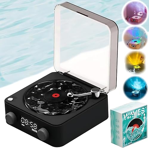 Waves - Reproductor de discos de vinilo vintage con Bluetooth con luces ambientales ajustables, 4 modos inalámbricos, tocadiscos de audio (negro)