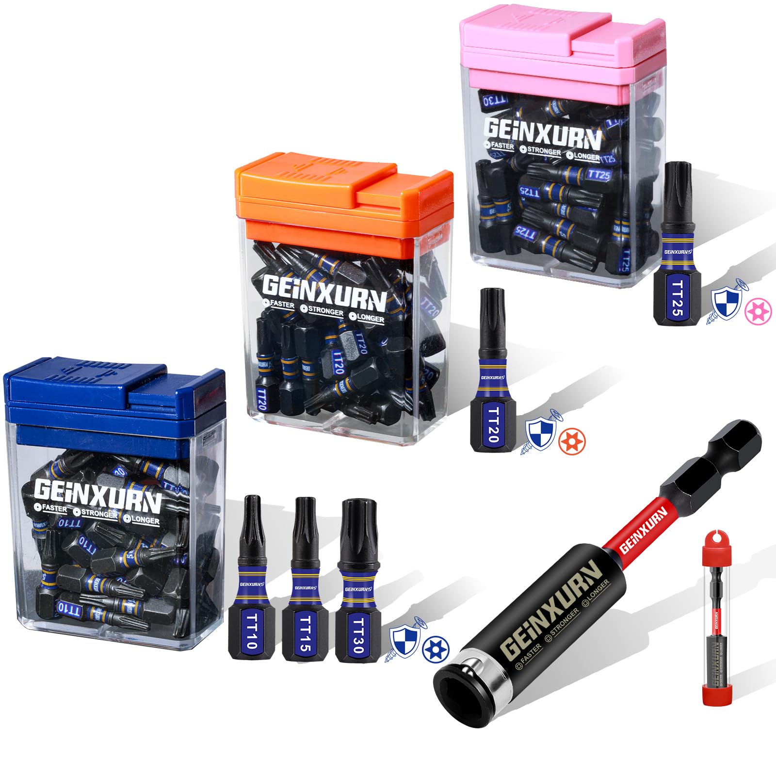 Geinxurn Impact Security Torx Screwdriver Bits Set,90 Pcs 1" Magnetic (TT10/TT15/TT20/TT25/TT30) S2 Steel Multi Hollow Star Driver Bits with Colorful