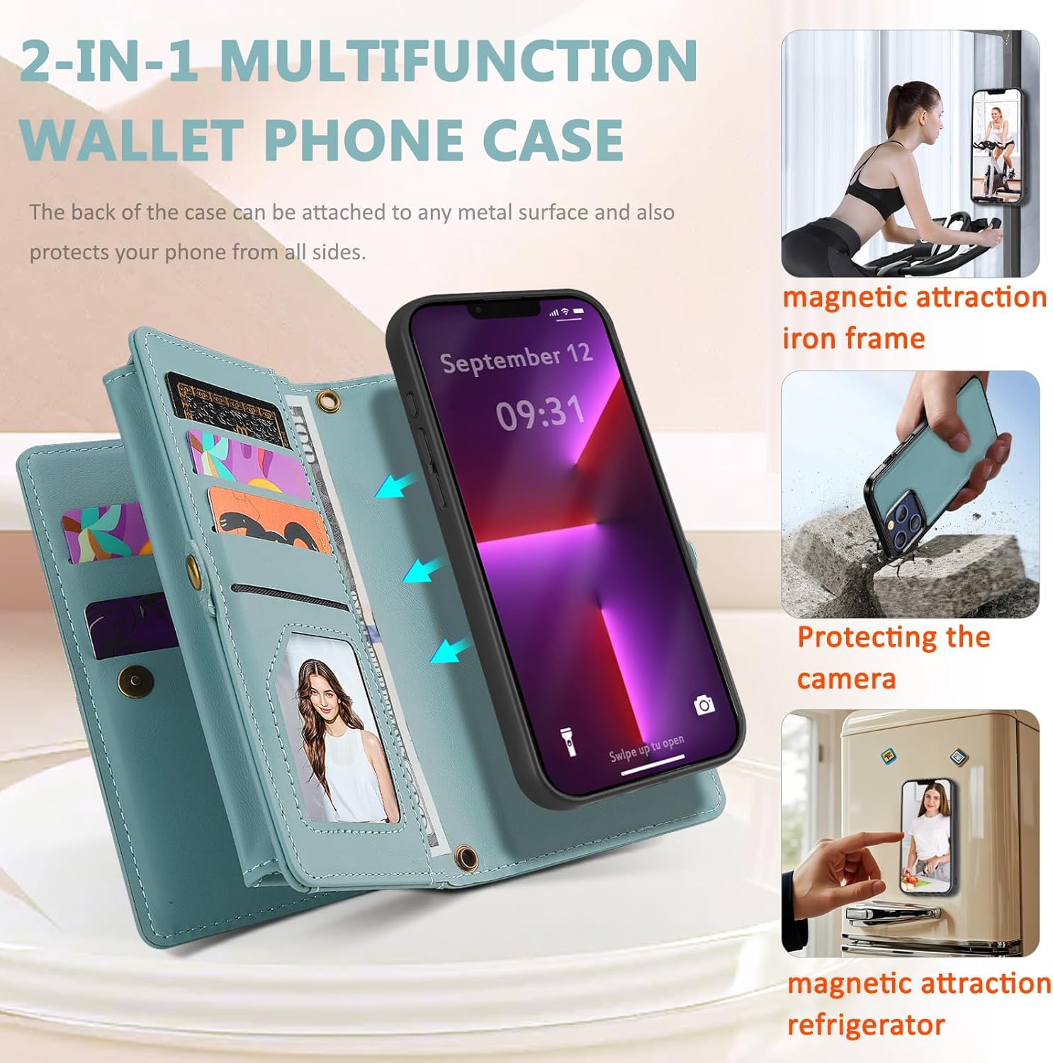 for iPhone 13 Pro Max Wallet Case, Detachable Magnetic Phone Case,Faux Leather Strap Wallet,with RFID Blocking,Zipper Card Holder,Shoulder Straps (Blue)