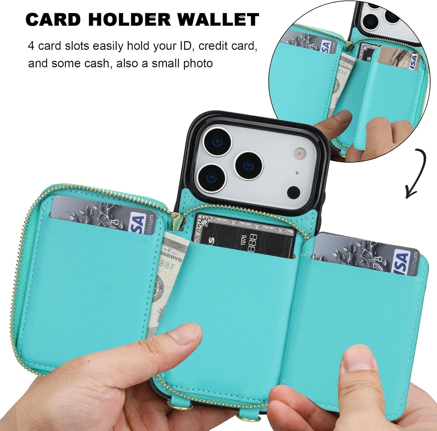 Bocasal RFID Blocking Wallet Case for iPhone 17 Pro, Adjustable Crossbody Zipper Purse Case Card Holder with Kickstand Detachable Wrist Strap, PU Leather Flip Folio Case 6.3 Inch 5G (Mint Green)