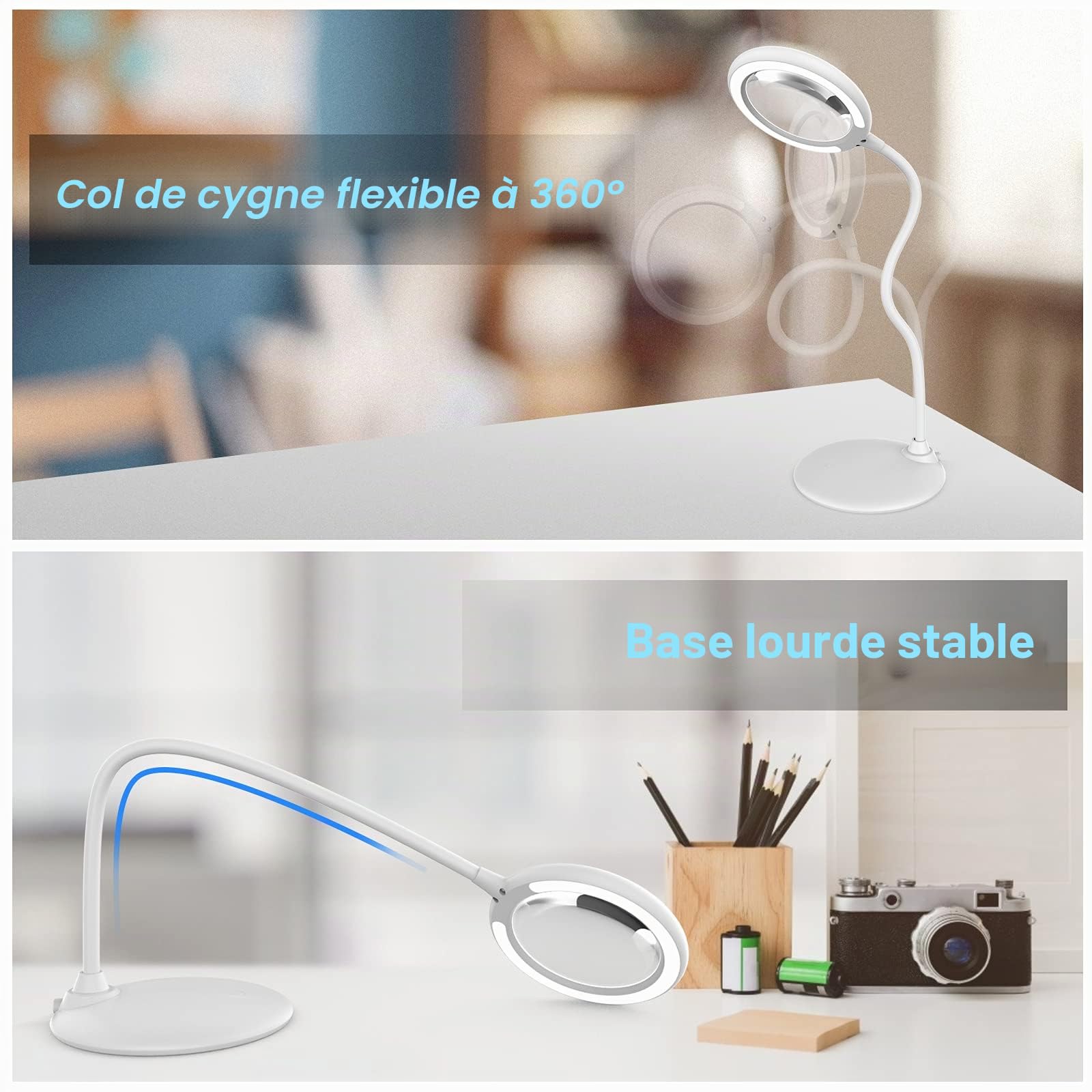 Loupe 3 x avec lumière et Support – Loupe Tactile à intensité Libre avec lumière LED pour Le Travail, la Lecture, Les Loisirs, la Couture, Les Loisirs créatifs (Blanc)
