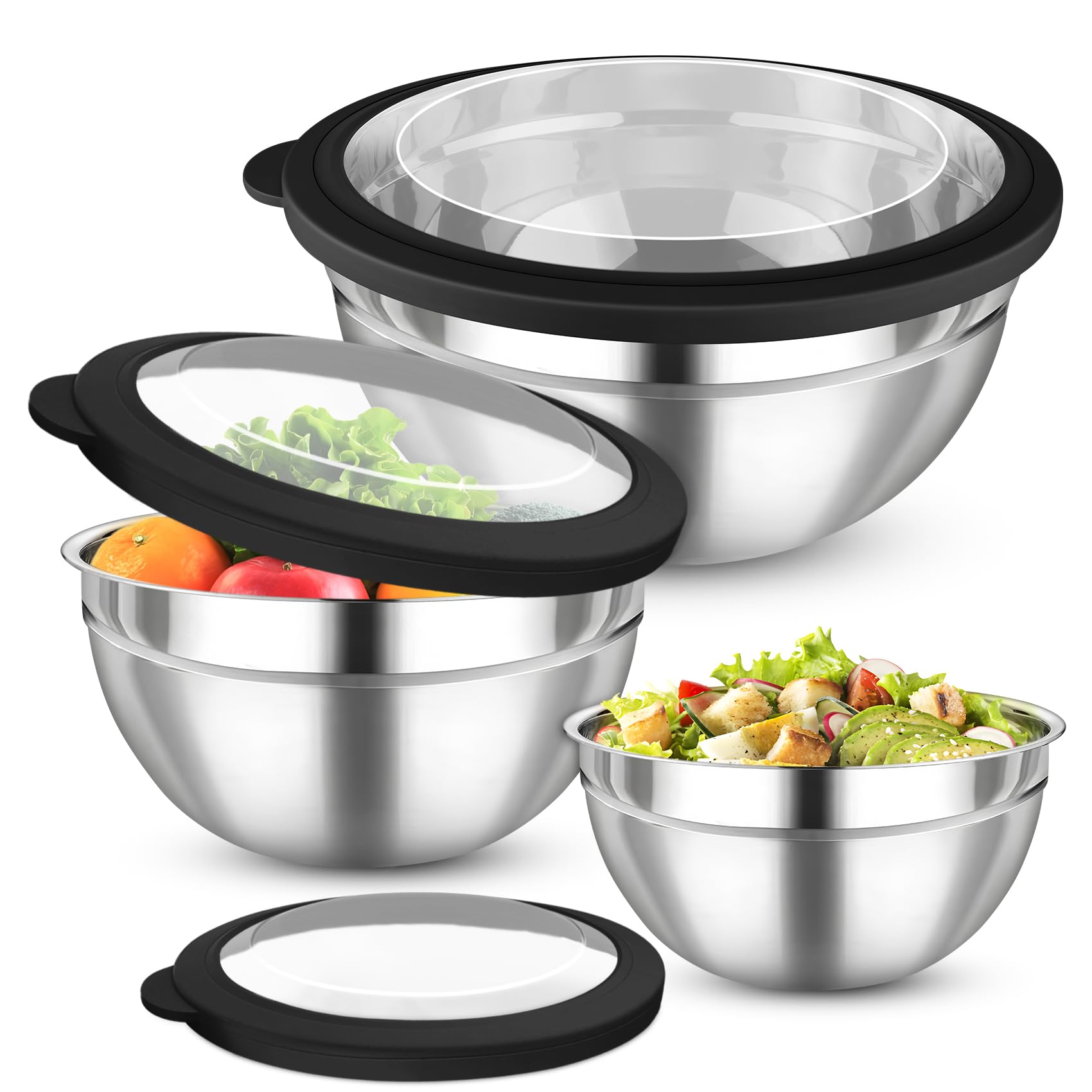 Onader Mixing Bowl Set of 3, Stainless Steel Salad Bowls with Lids, Metal Nesting Set for Kitchen Mixing, Serving, Baking & Food Storage, 18/22/26cm, Heavy Duty & Dishwasher Safe - Black
