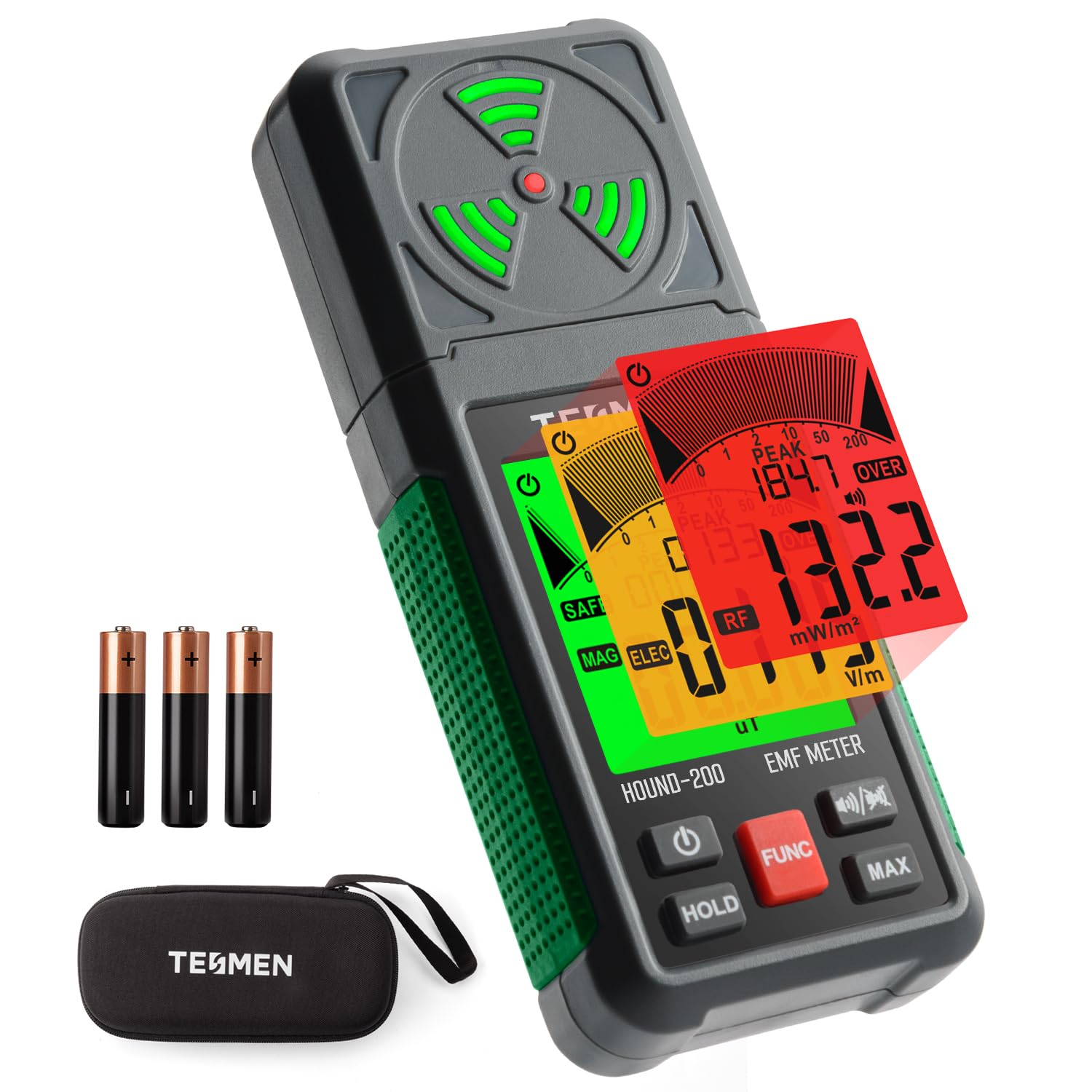TESMEN Hound-200 EMF Meter, 3-in-1 portable Electromagnetic Field Radiation Detector for EF RF MF, WiFi Signal, microwave，use for Home & Ourdoor EMF Inspections, and Ghost Hunting-Green