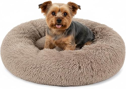 PetAmi Cama calmante para perros y gatos pequeños y medianos, 23 camas redondas en forma de dona, cama lavable y esponjosa de piel sintética para