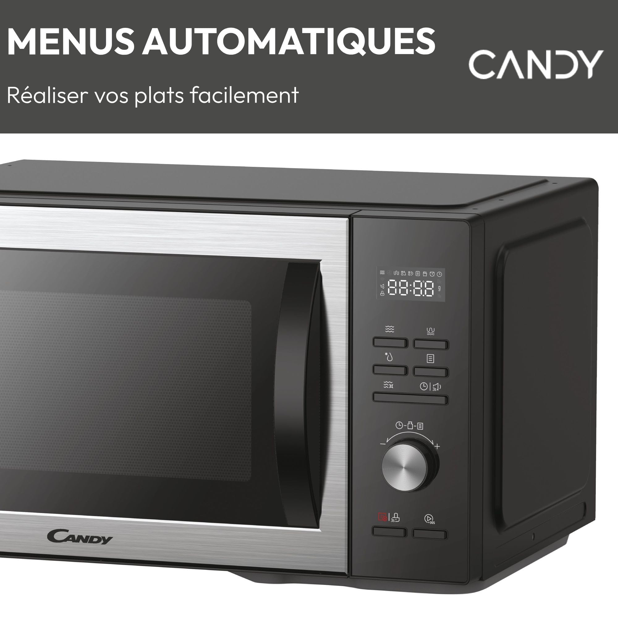 Candy CMGA31EDLB Four Micro-ondes, Gril Quartz 1000W, Grande Capacité 31L, Recettes Automatiques, Fonction Gril, Nettoyage Auto, Programmateur digital, Fonction décongélation, Noir Silver