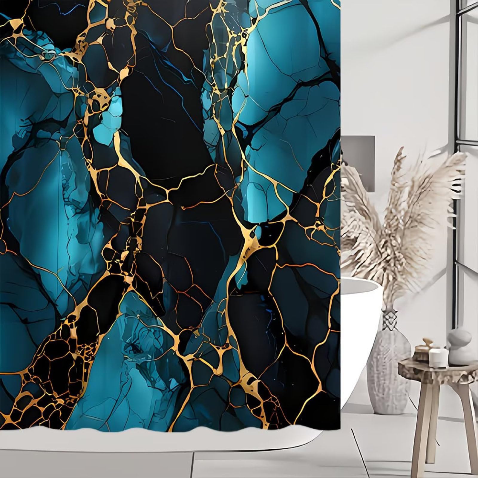 Shower Curtains Blue Golden Marble Wet Room Shower Curtain Mould Proof Resistant Waterproof Polyster Fabric Washable with 12 Hooks Garden Bathroom Curtains (180x180cm)