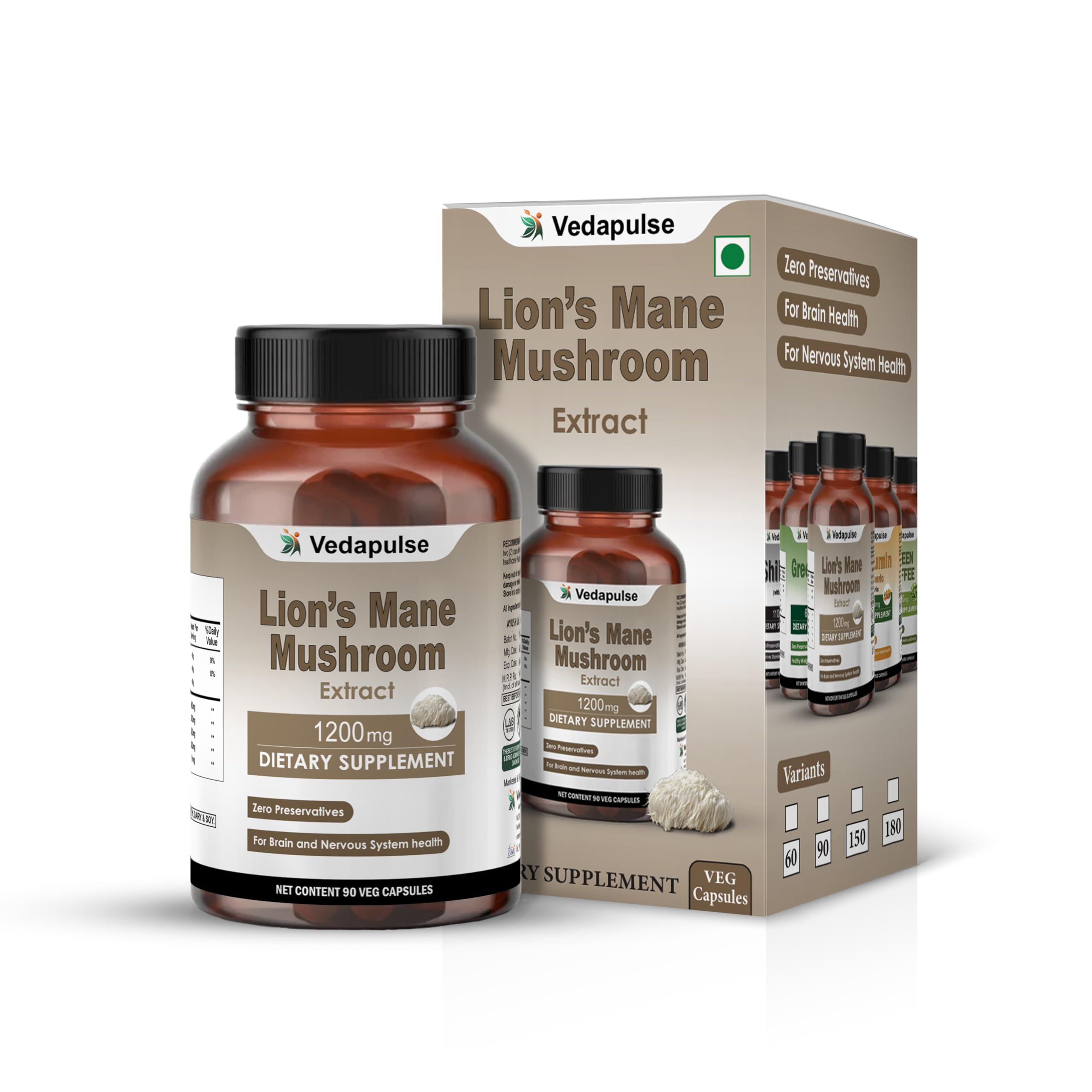 Vedapulse Lion’s Mane Mushroom Extract 1200mg | Blend with Reishi, Cordyceps & Turkey Tail | 90 Vegan Capsules