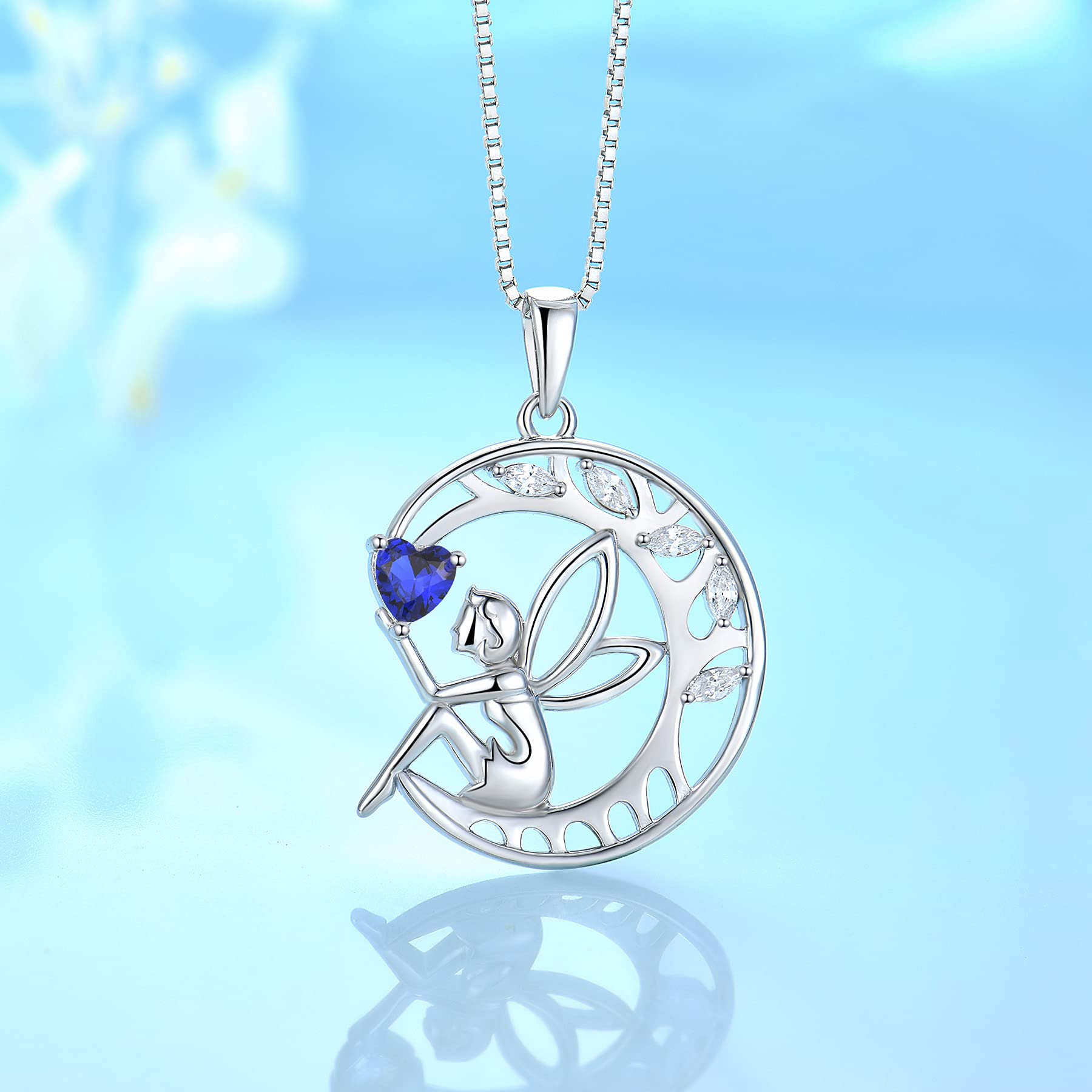 FJ Collana Donna Angelo Custode Argento 925 Collana Albero della Vita Ciondolo Luna Fata Collana Pietra Portafortuna Zirconia Cubica Gioielli Regalo per Donna