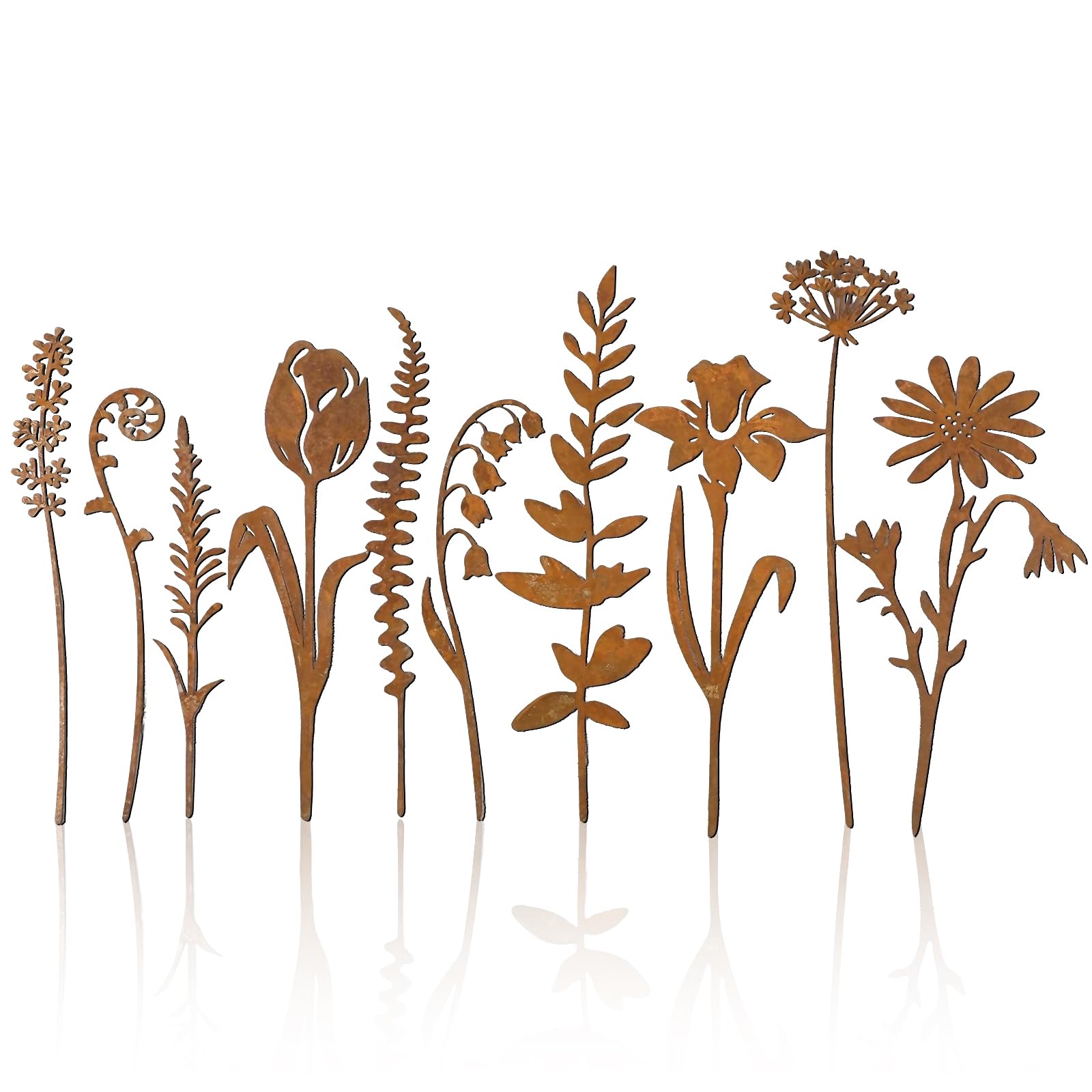 Qubitly 10 Pcs Rustic Metal Flowers For Garden, Weatherproof Metal Garden Stakes, Vintage Rust Finish Flower Decor, Plant Pot Decorations, 10.2-14.2Inch, Ideal For Yard Patio Flower Bed Vase Decor â image 1