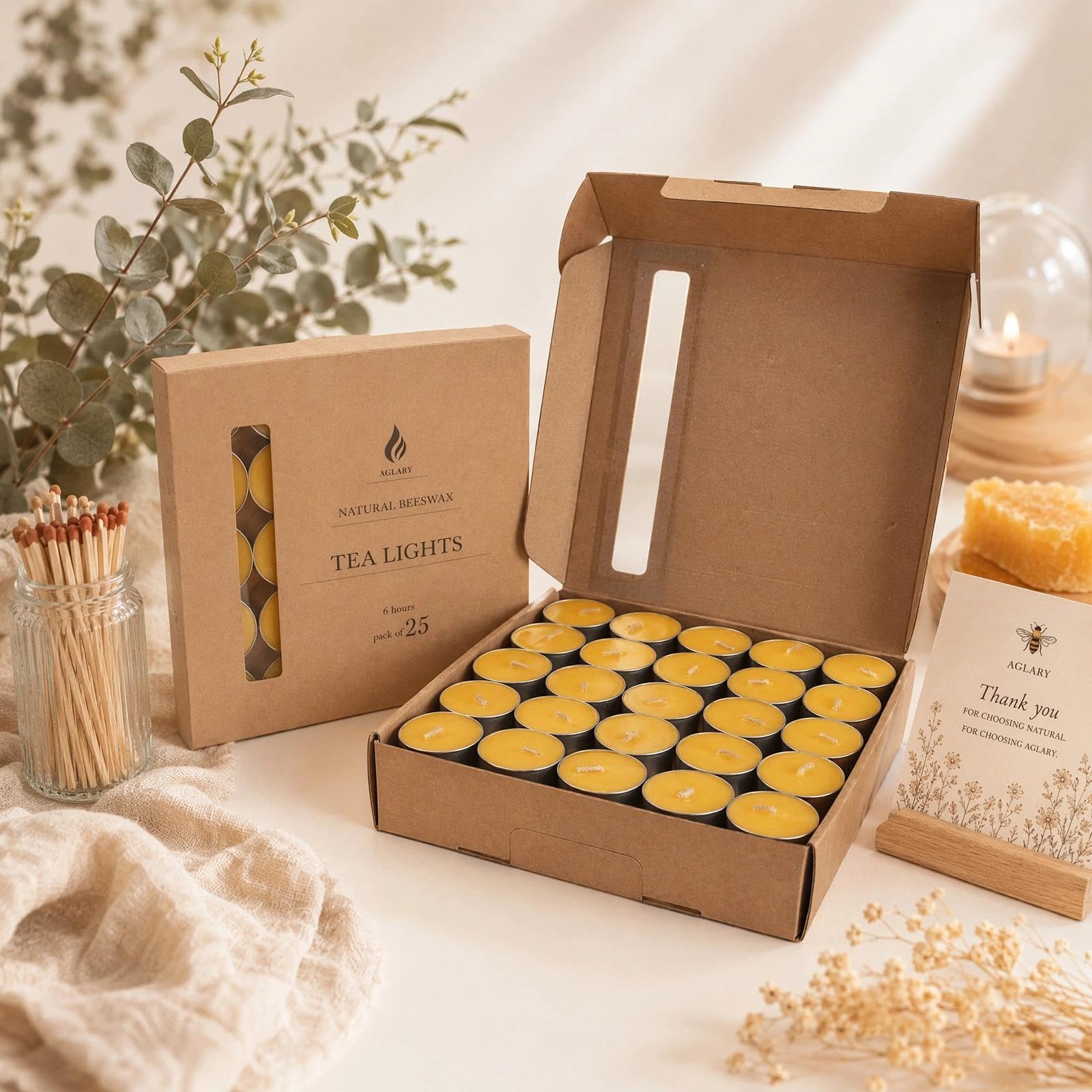 Paquete de 50 velas de cera de abeja pura, vasos de aluminio