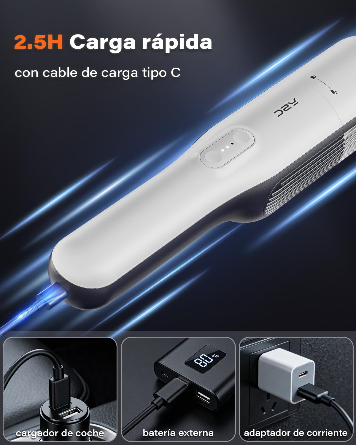 A2C Aspiradora de Mano 19000Pa, 3 en 1 para Coche, con Doble filtración Pet y HEPA, Recargable de 120W y batería de Larga duración de 7500 mAh, Ideal para el Coche, el hogar, la Oficina, etc