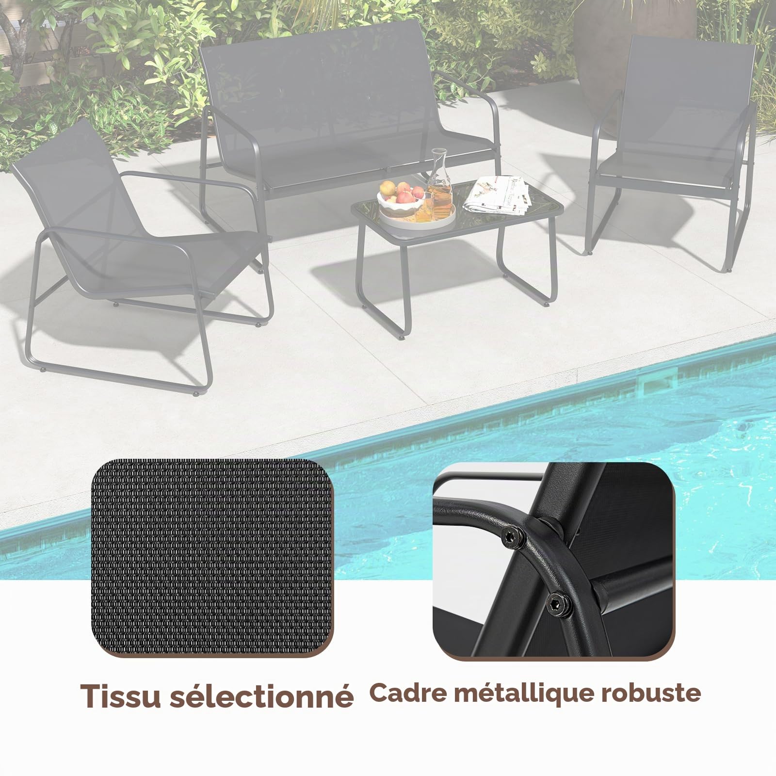 KOMFOTTEU Ensemble de Salon de Jardin 4 Pièces pour 4 Personnes, Set de Meubles de Jardin, avec 2 Fauteuils, 1 Canapé et 1 Table Basse, Mobilier d’Extérieur, Noir, pour Cour, Patio, Terrasse
