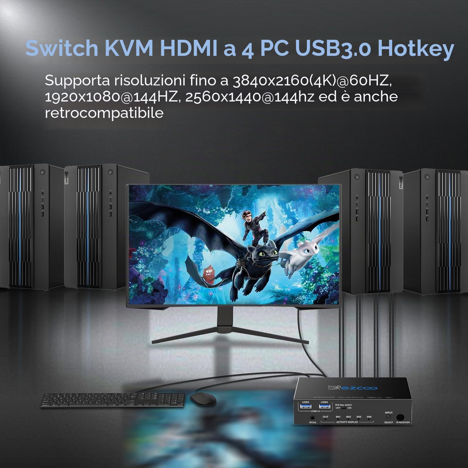 HDMI KVM Switch USB 3.0 4 Porte con Hotkey 4K 60Hz 18Gbps Condivisione di 4 Computer con una Tastiera Mouse HDR D-olby Vision HDCP2.2 Telecomando Cavo USB3.0 X4