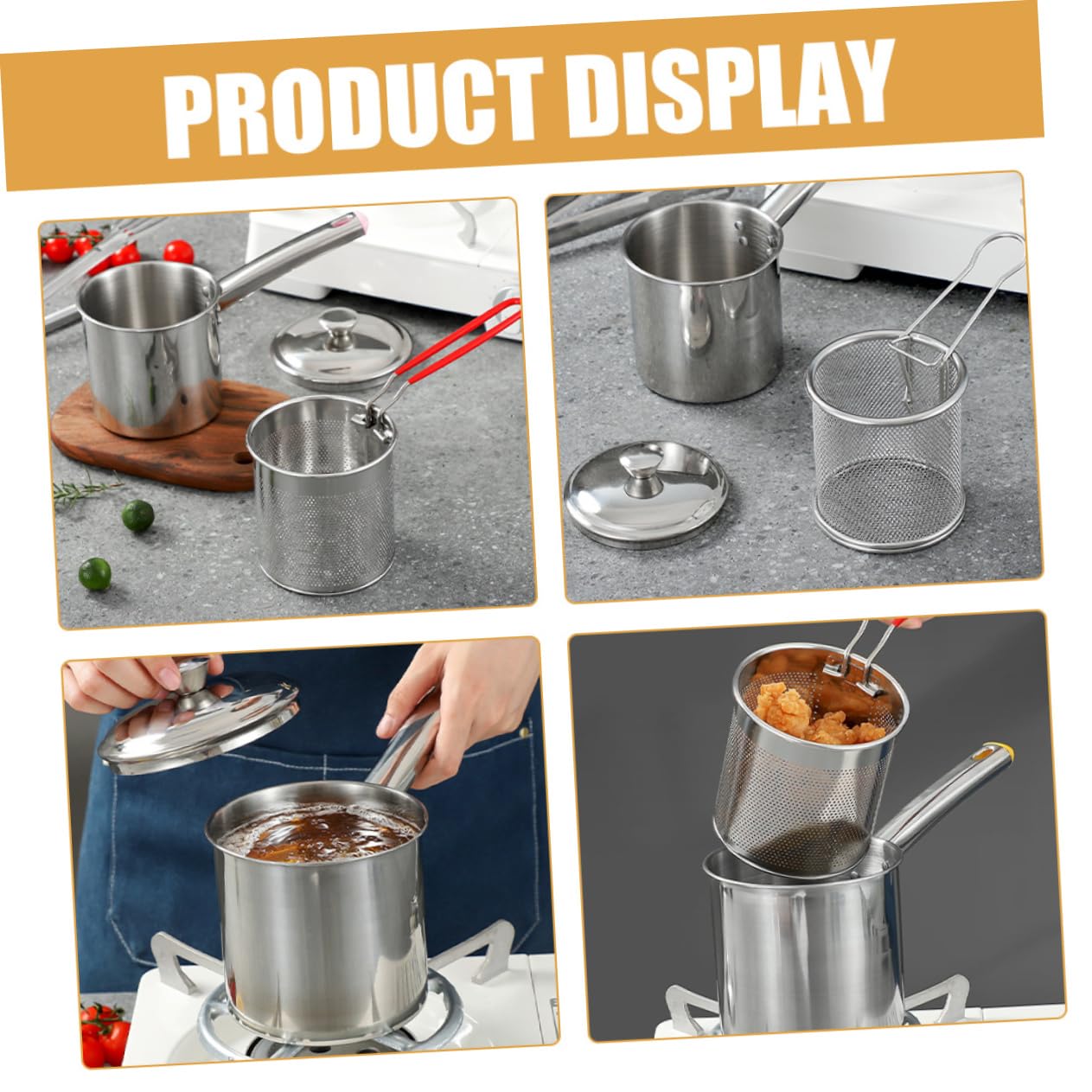 Abaodam 1set Stainless Steel Deep Fryer Frying Pot Basket Kitchen Oil Drainer for Fries and Sturdy Design for Home and Commercial Use