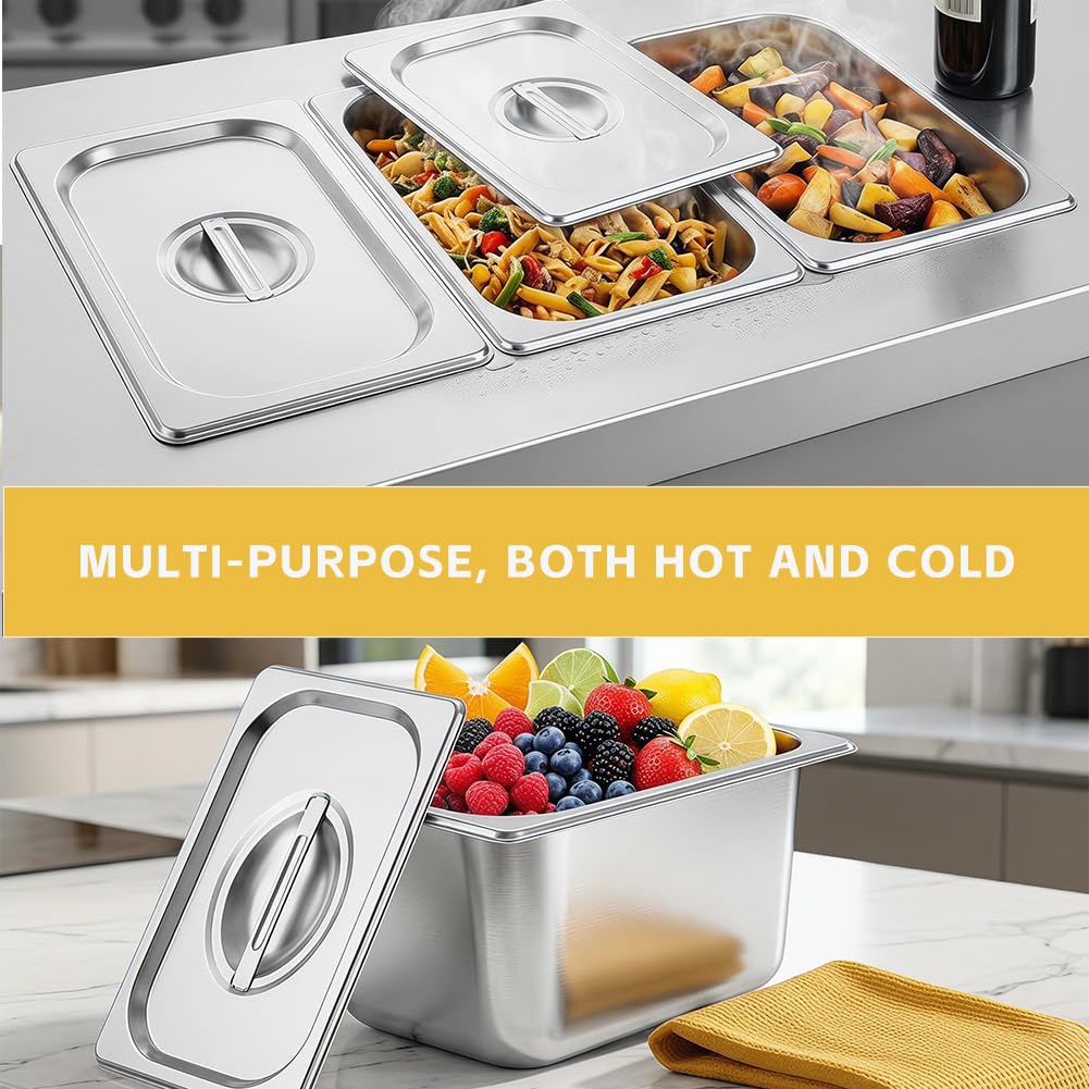 Set di 3 contenitori da 1/6 in acciaio inox con coperchio, padelle profonde 10 cm, altezza contenitore per alimenti, vapori o come inserto in piatti, contenitori impilabili