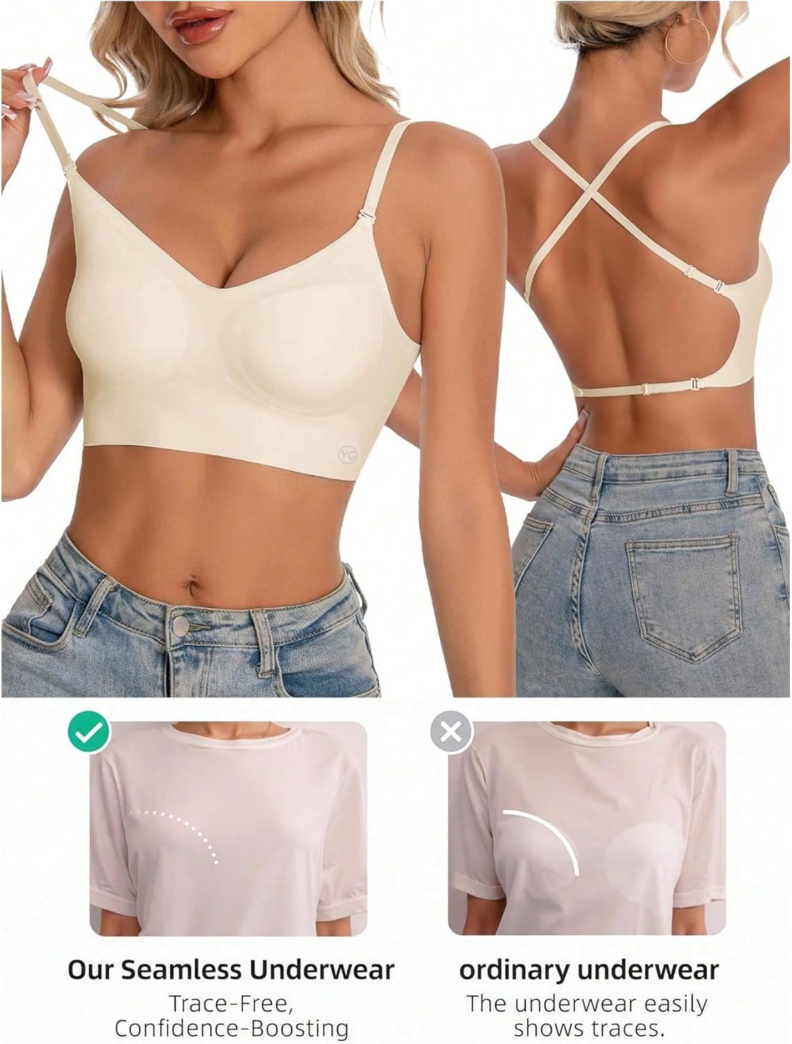 OYOANGLE Women's 2 Pack Low Back Bras Seamless Backless Bralette Wireless Plunge Open Back Multiway Bra - Image 5