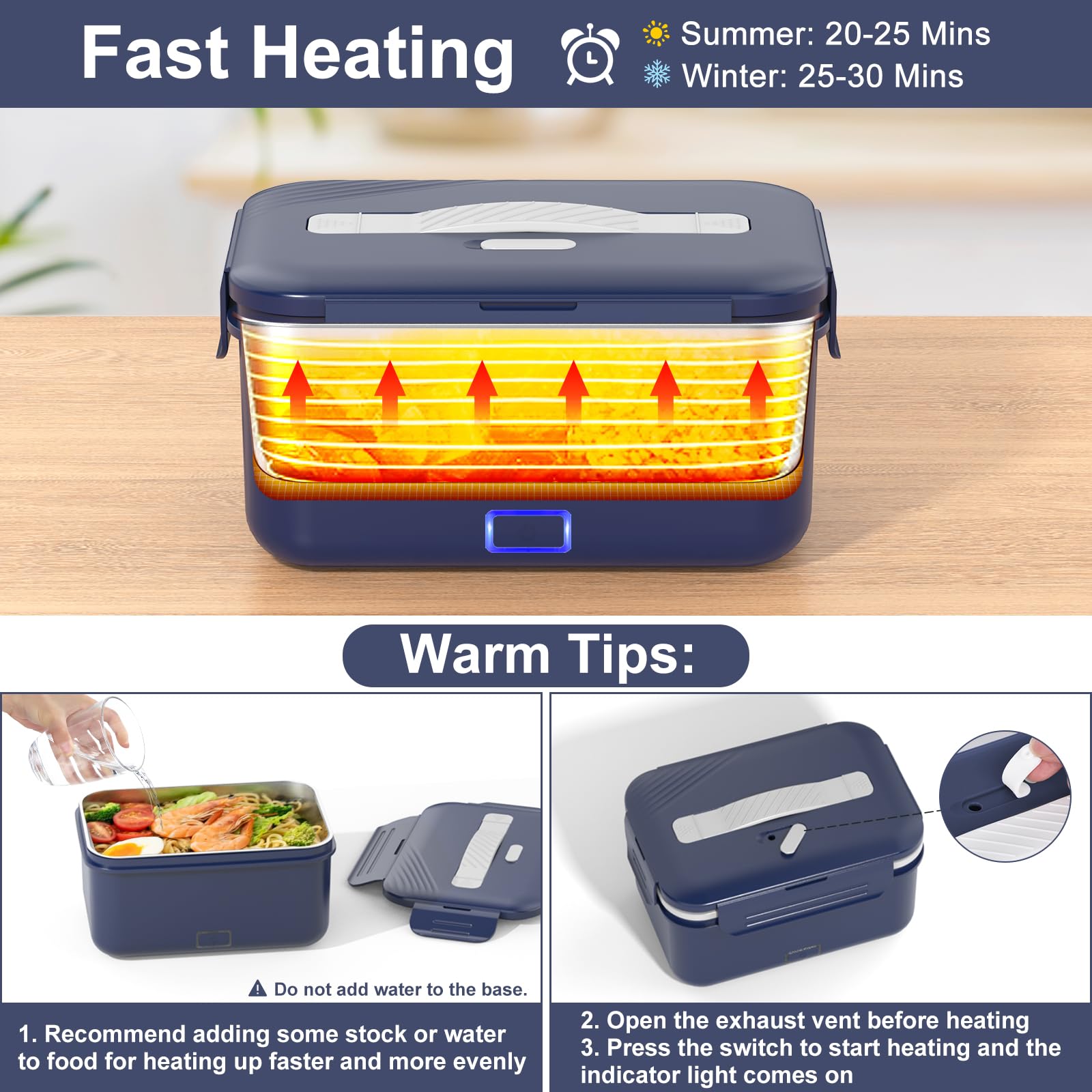 Vabaso 100W Electric Lunch Box for Adults with Insulated Lunch Bag Spoon and Fork, Heated Lunch Box with Fruit Compartments - Image 3