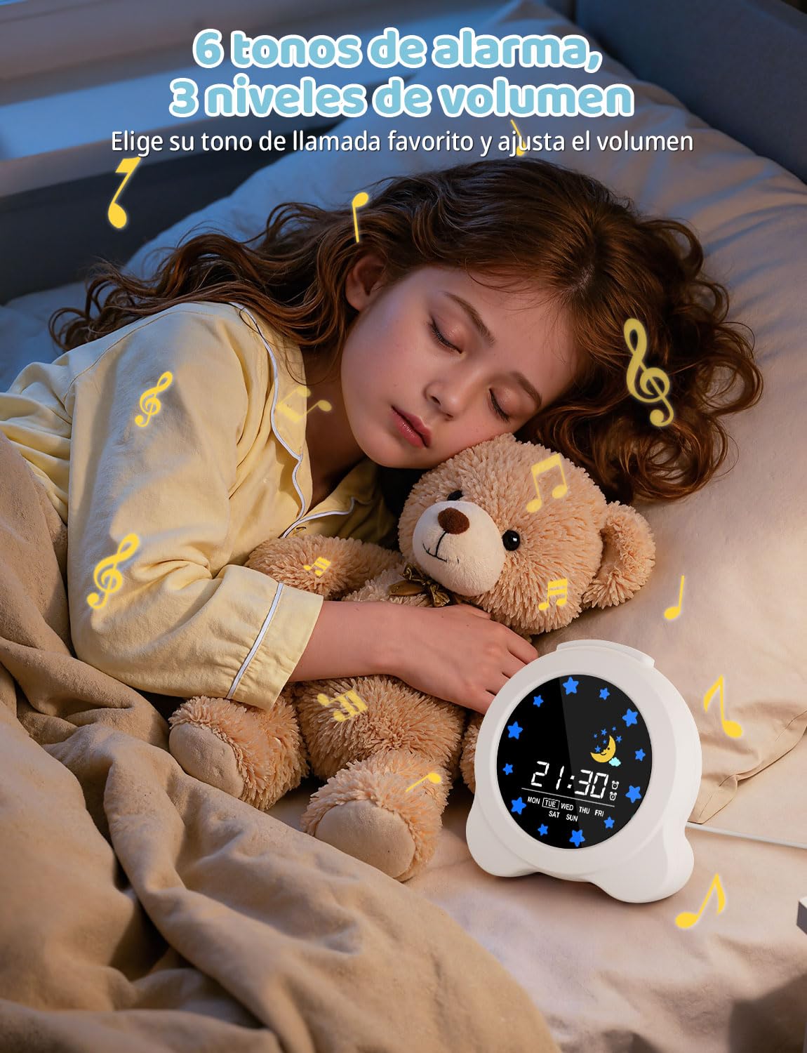 YISSVIC Despertador Infantil 2 Alarmas Brillo Ajustables 3 Volumenes 6 Músicas, Reloj Despertador Digital Función de Repetición Entrenamiento del Sueño para Niños