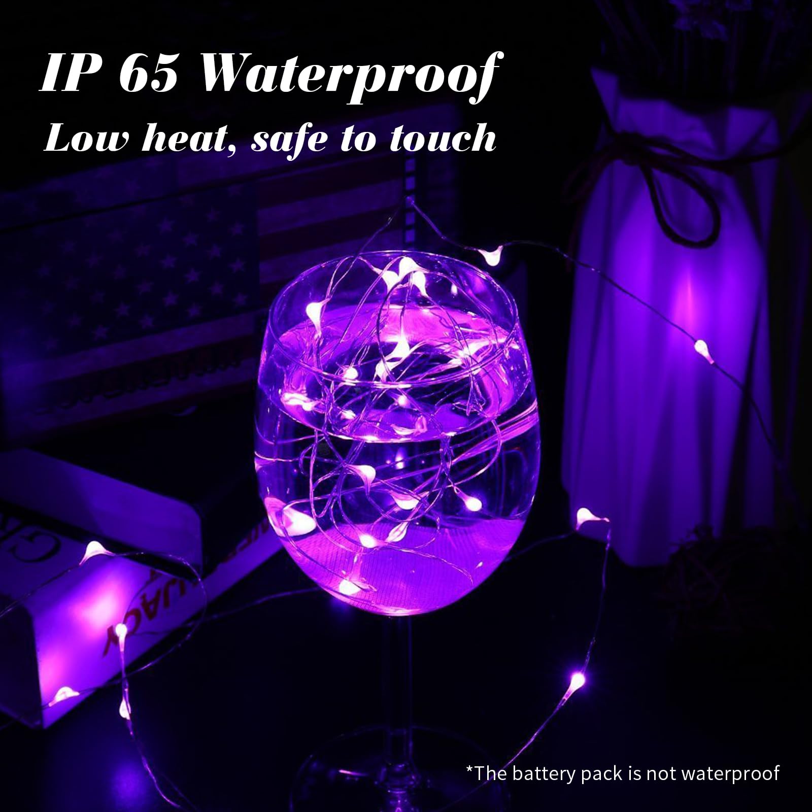 Paquete de 12 luces de hadas que funcionan con pilas, cadena de luces de 7 pies, 20 mini luces LED de alambre plateado para bricolaje, fiestas, bodas, dormitorio, decoración de Navidad (morado)