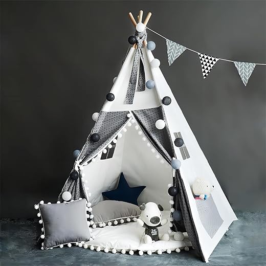 Teepee Tent with Carry Bag,Without Mat,Tipi Kids Play Tent,Windows,Side Pocket,Cotton Canvas Pentagon Kids Play Tents Indoor Playhouse
