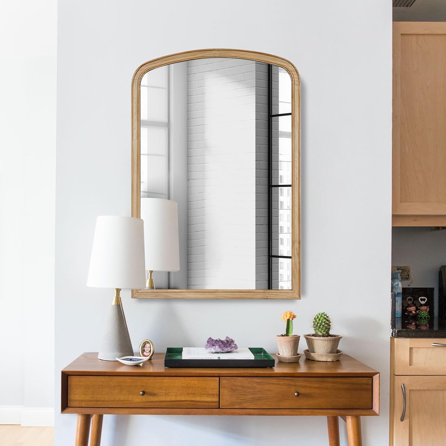 HOMECOOKIN Wood Arched Wall Mirror for Wall Mounted, 20" x 30" Farmhouse Rustic Bathroom Mirror Wood Grain Finish Framed Vanity Mirror，Wall Mirror Decorative for Entryway Living Room (Natural)