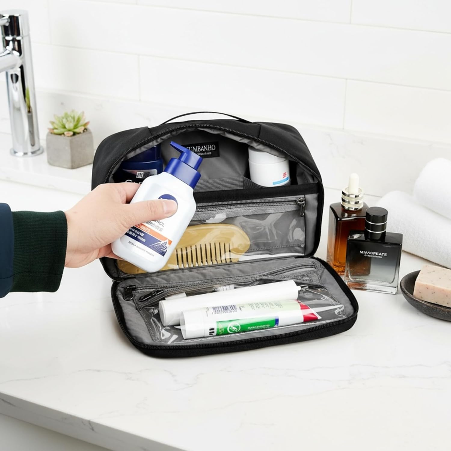 Hanging Toiletry Bag for Men, Toiletries Travel Kit with 360° Swivel Hook, Water-Resistant Nylon Dopp Kit,Shaving Bag with Clear Pockets Used for Trip,Daily or Gift,Black