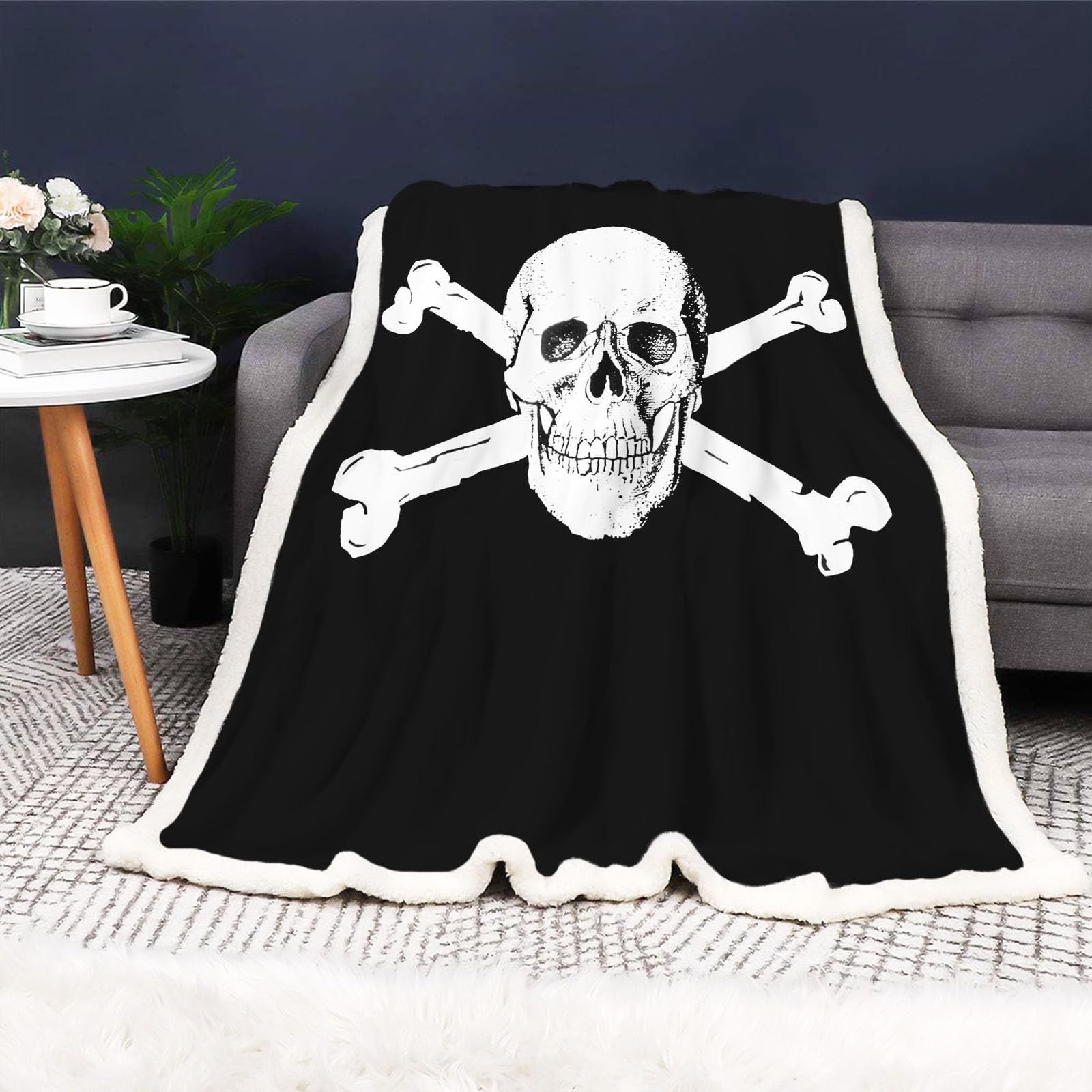 FABTOP Skull and Crossbones Blanket, Fleece Blanket, Skeleton Skull, Cuddly Blanket, Skull, Sofa Blanket, Cuddly Blanket, Fluffy for Adults and Children (1.150 x 200 cm)