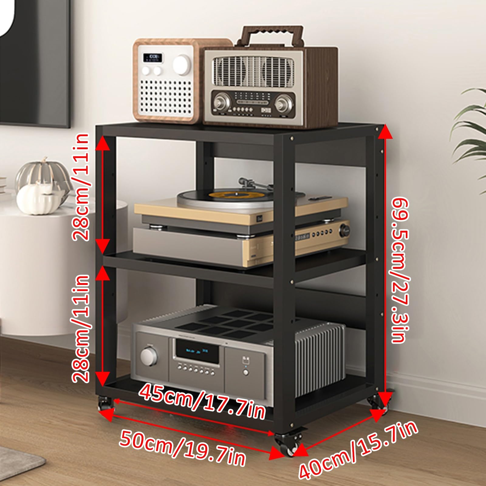 Generico Mobiletto Stereo Moderno con Ruote, mobiletto Porta Dischi in Vinile a 5 Ripiani, Supporto per Supporti Audio-Video, mobiletto Porta TV angolare, ripiano per Router e Dvd.