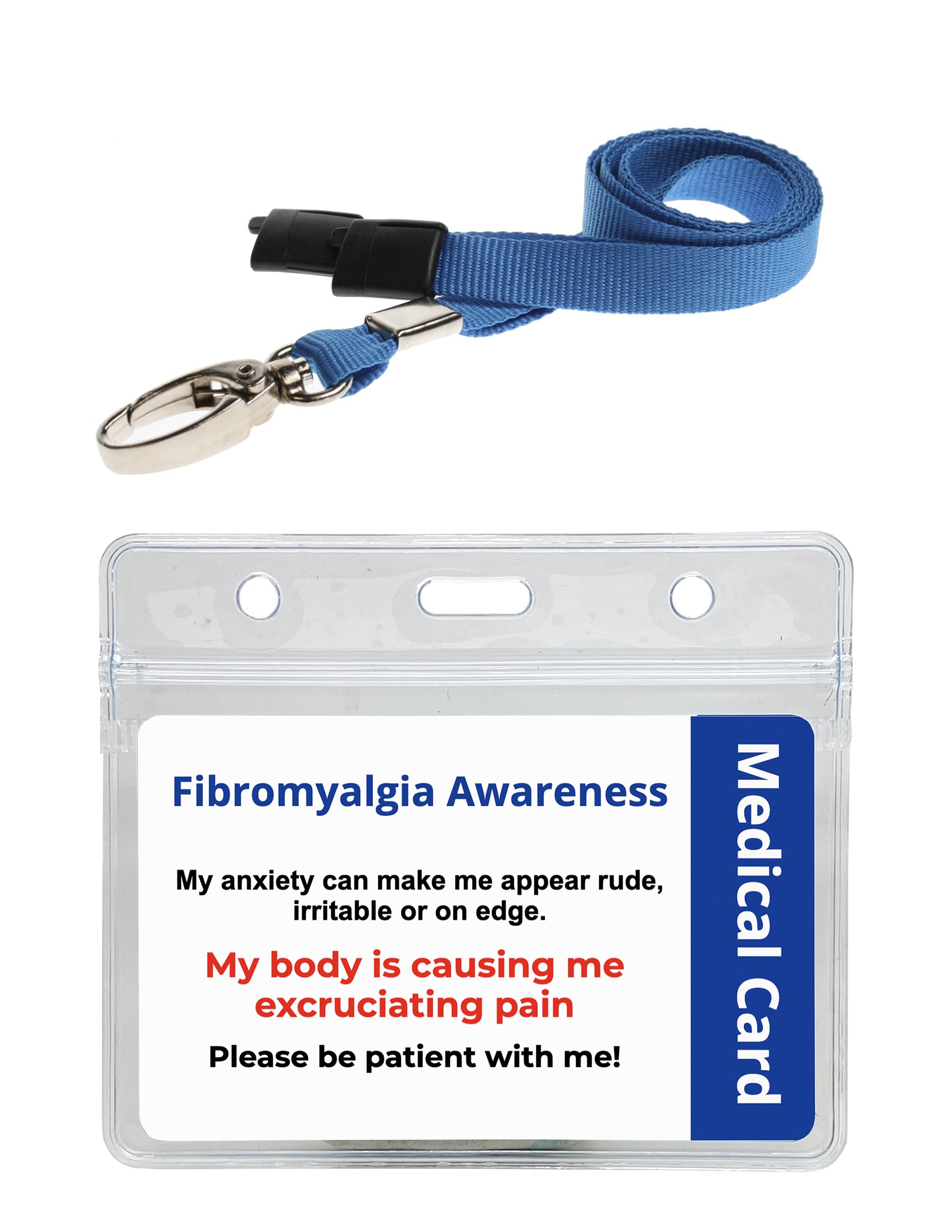 Fibromyalgia Hidden Disability Awareness Badge Medical Card Reverse of Card has Space for Contact Details All Sealed in Waterproof Grip Seal PVC Pocket& Blue Lanyard