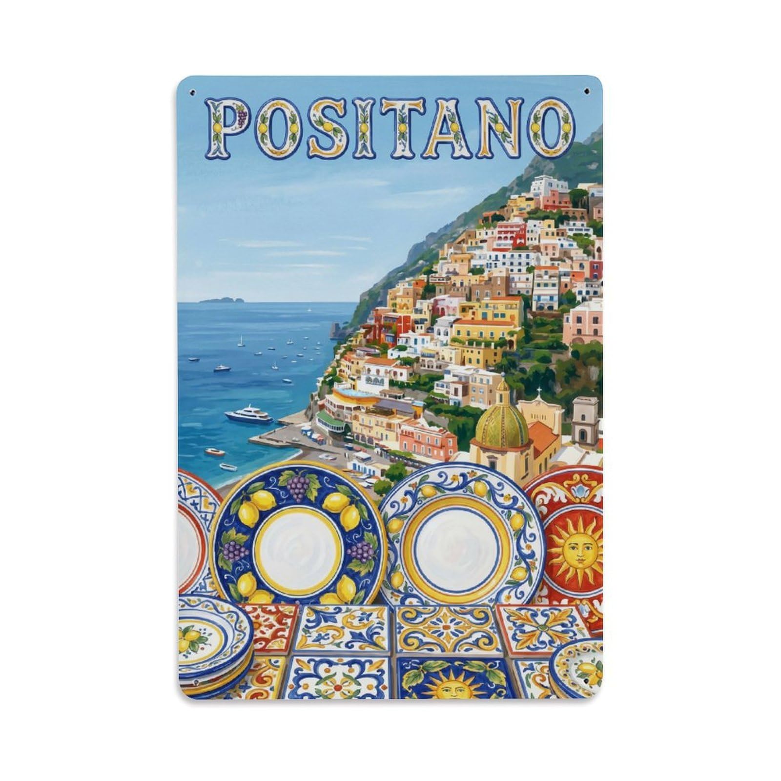 Vintage Travel Positano Italy Beautiful Metal Tin Sign Plaque Wall Decor for Cafe, Club Bar, Office, Garden Metal Poster 8x12Inch