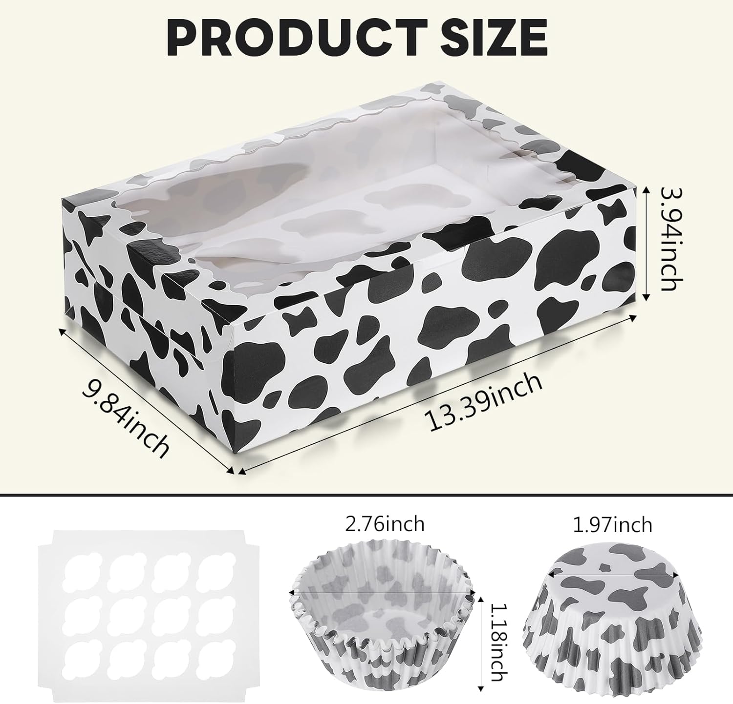 Marspark 24 Pcs 13.4 x 9.8 Inch Cow Print Cupcake Box Container with Window 24 Pcs Cow Animal Muffin Cupcake Cups Baking Cups, Holds 288 Pastry Boxes for Birthday Holiday Party Baking Supplies
