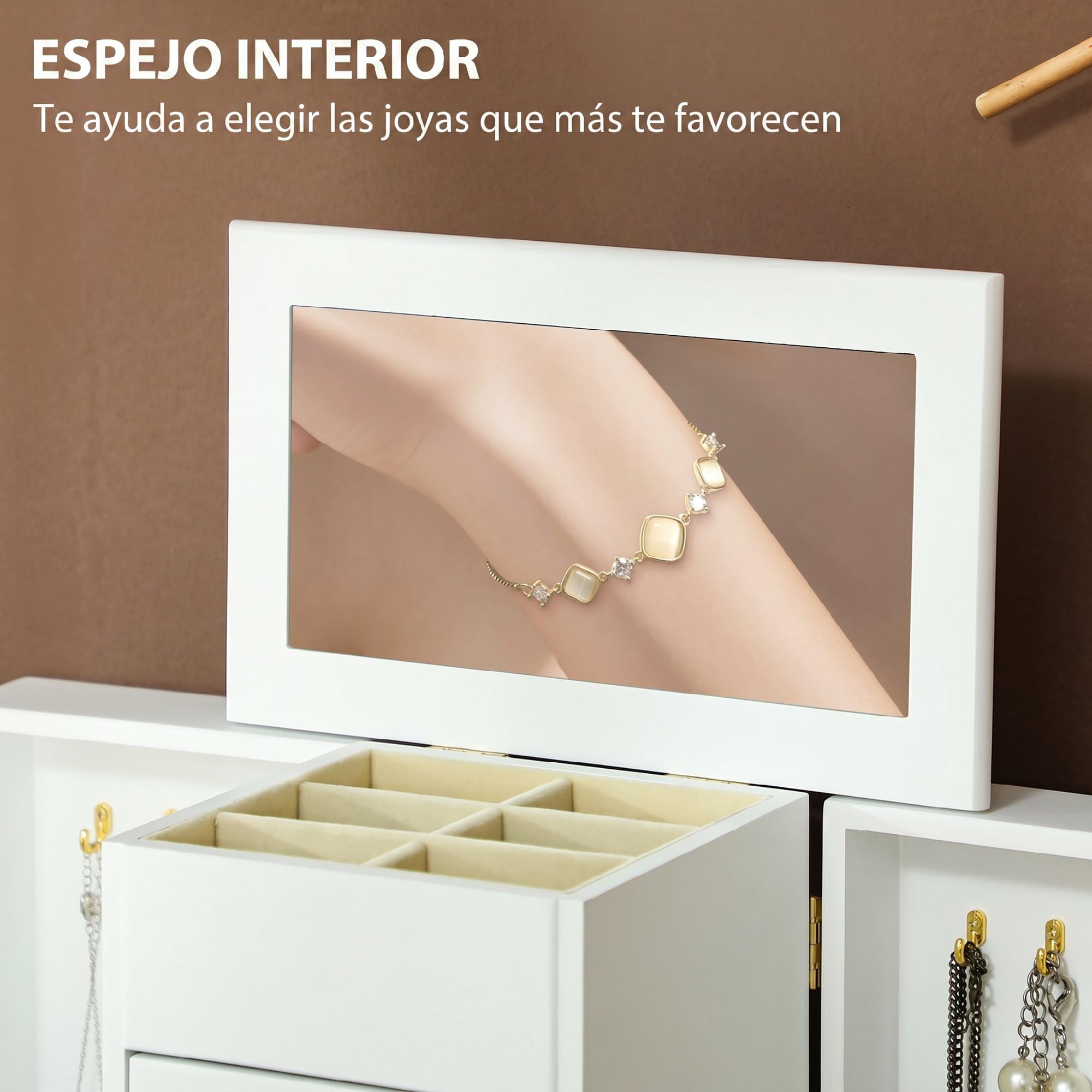 HOMCOM Caja Joyero de Madera de 4 Niveles con 2 Cajones Espejo Blanco | Joyero Mujer Organizador Grande, Puertas Laterales Giratorias con Ganchos, para Pendientes, Anillos, Collares