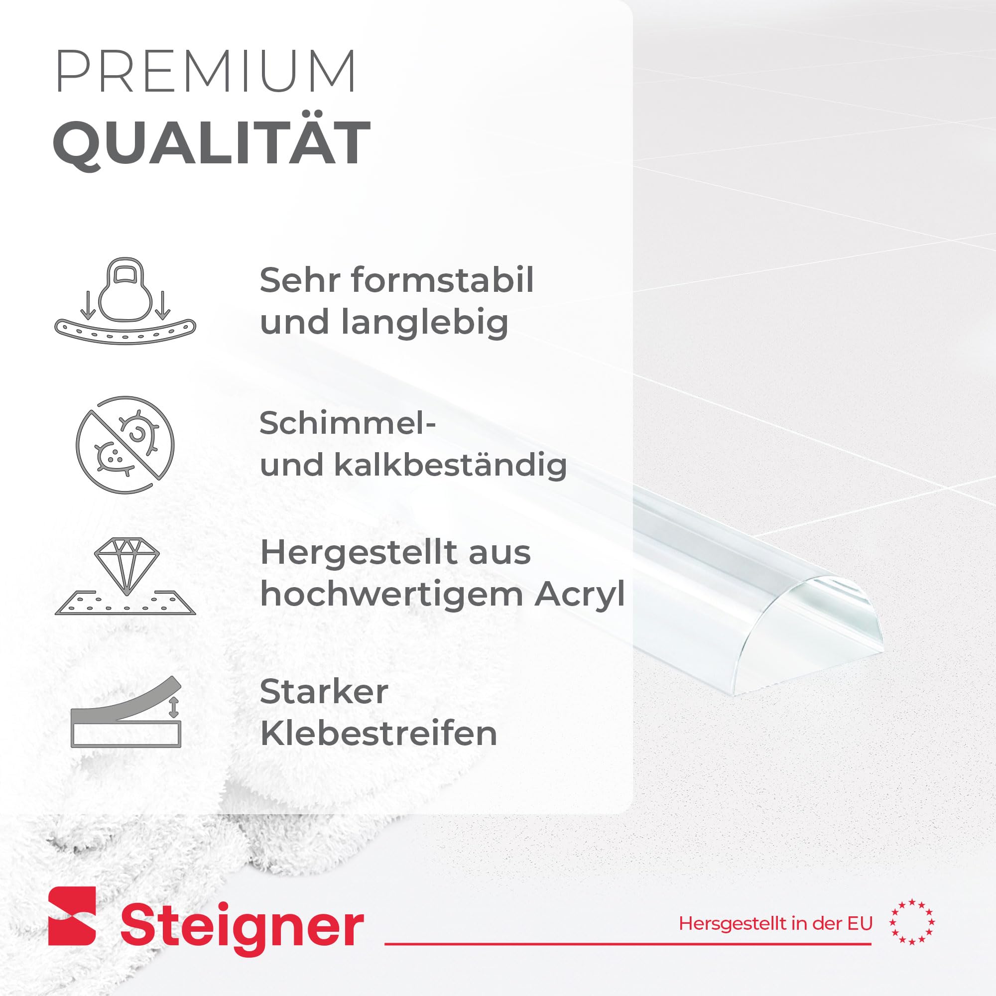 STEIGNER Acryl Halbrundstab selbstklebend 5mm 80 cm – Schwallschutzleiste | Wasserabweiser, Schwallschutzprofil transparent, für Duschkabinen, Glasduschen und bodengleiche Walk-In Duschen