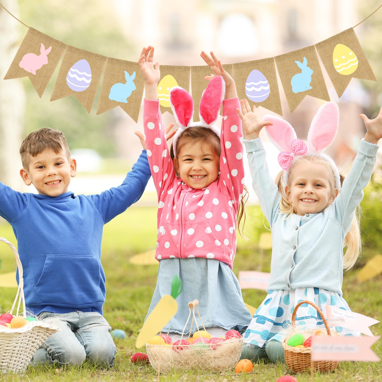 Doumeny 2Pcs Easter Burlap Banner - Bunny Bunting Garland, Spring Party Decor, 8.5ft Length