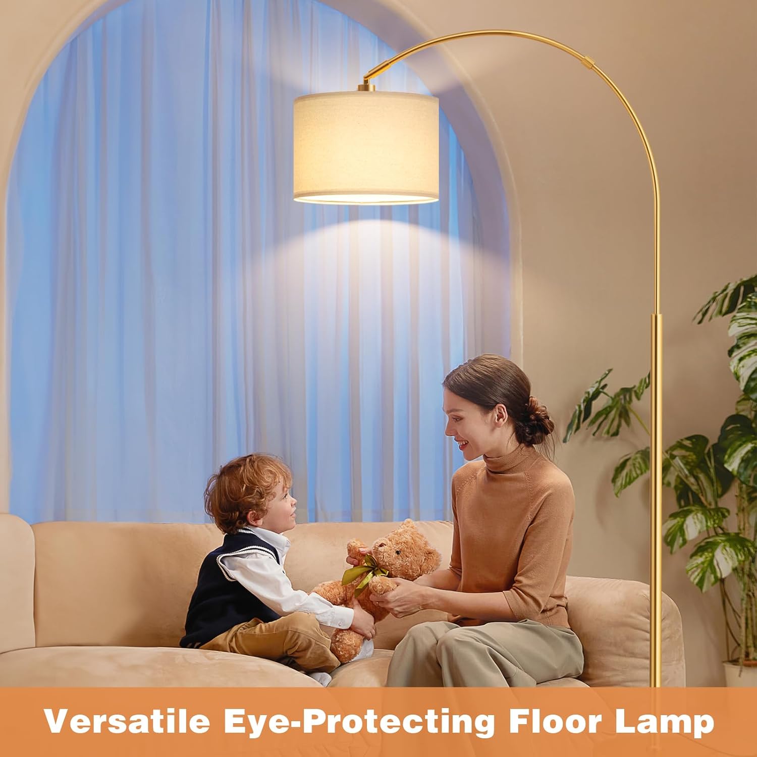 Ambimall Dimmable Arc Floor Lamp with Remote, Color Temperatures and Brightness Adjustable, Arched Floor Lamp with Rotating Head, Over Couch Arched Reading Light for Living Room (Deep Beige and Gold)