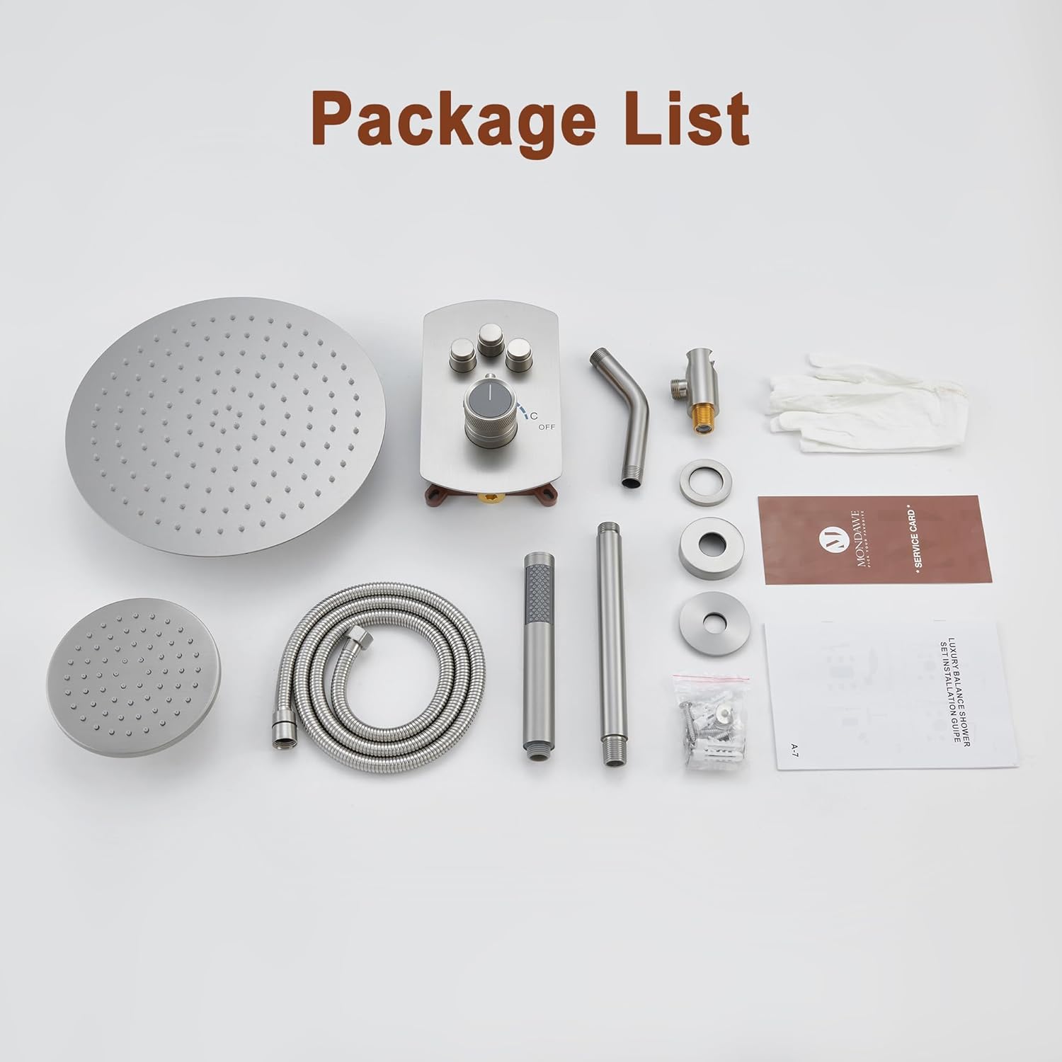All components of the MONDAWE shower system laid out, including two shower heads, control panel, handheld shower, hose, and installation hardware.
