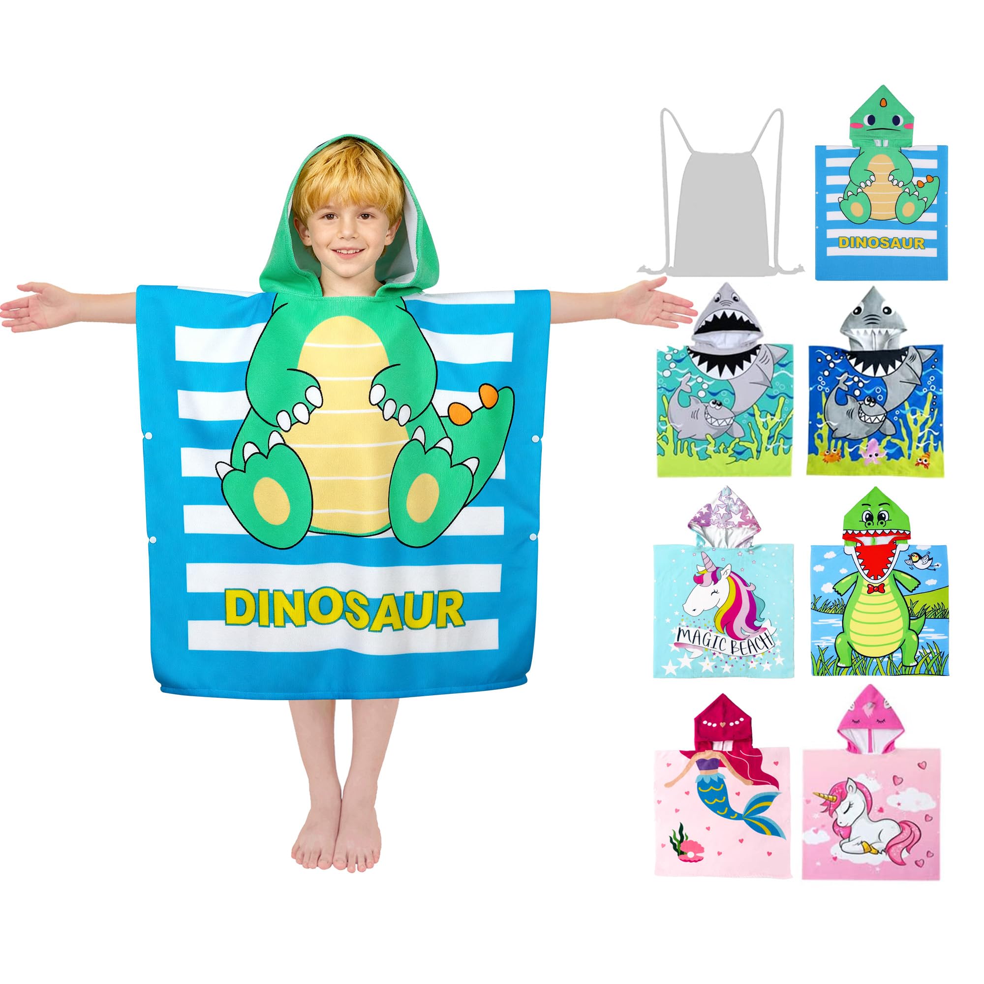 growell Hooded Kids Beach Towels - Toddler Bath Towel Girls Boys Swim Cover-ups for Ages 4 to 10 Kids Pool Towels Quick Dry Lightweight Soft Microfiber Poncho 30x30 with Bag (Dinosaur Green)