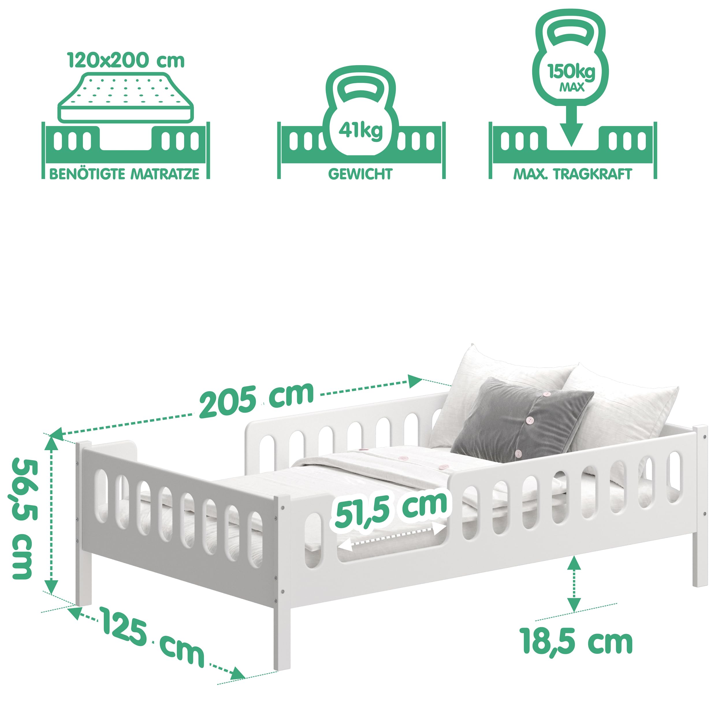 CADANI LARS 2in1 Kinderbett Jugendbett 120x200 cm Weiß, Rausfallschutz abnehmbar, Zum Jugendbett umbaubar