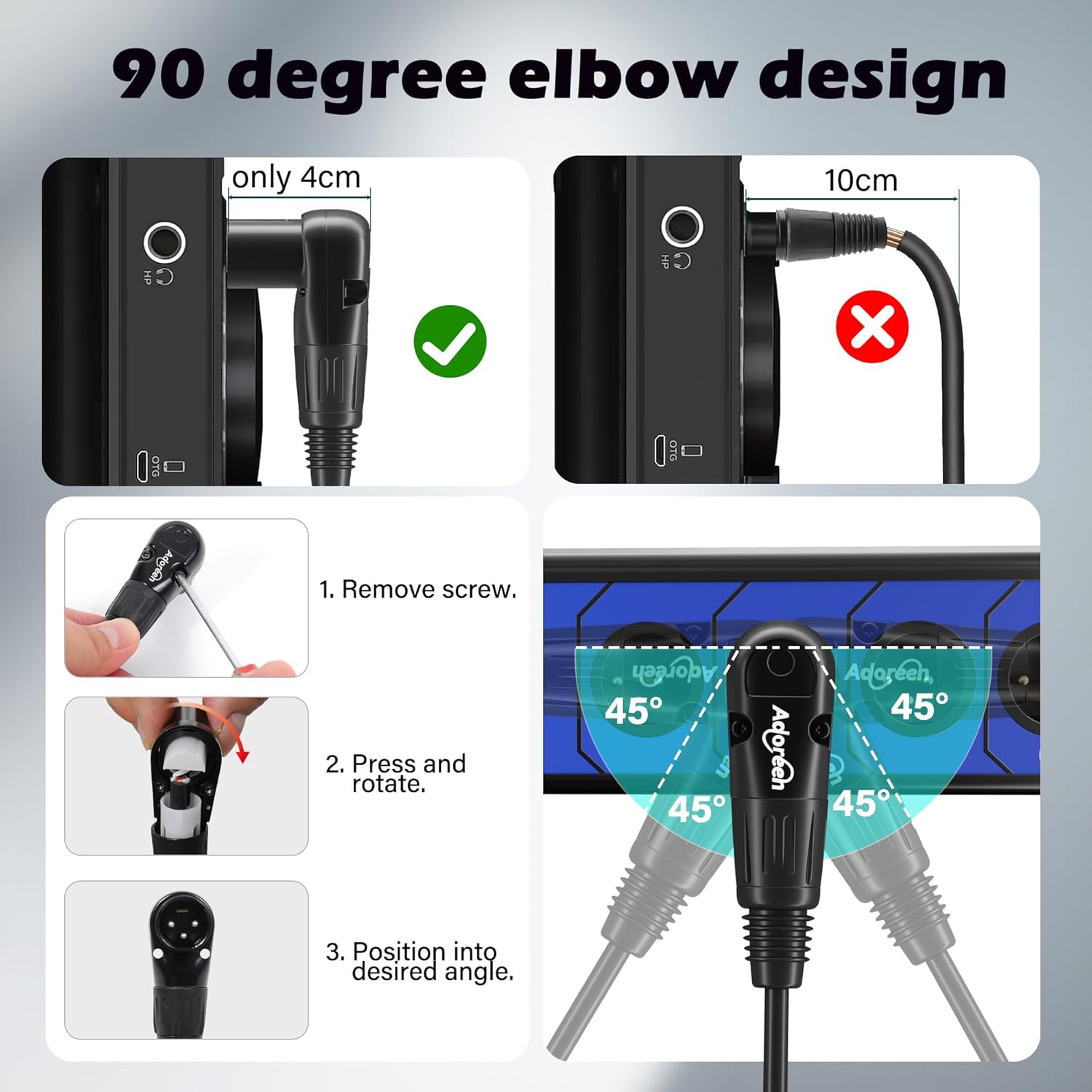Adoreen Right-Angle XLR Male to Right-Angle XLR Female Microphone Cable 50 Ft, Adjustable 90 Degree Pro Balanced Shielded 3 Pin DMX Patch Cord for Studio Audio&DJ Stage Live Recording&Speaker System