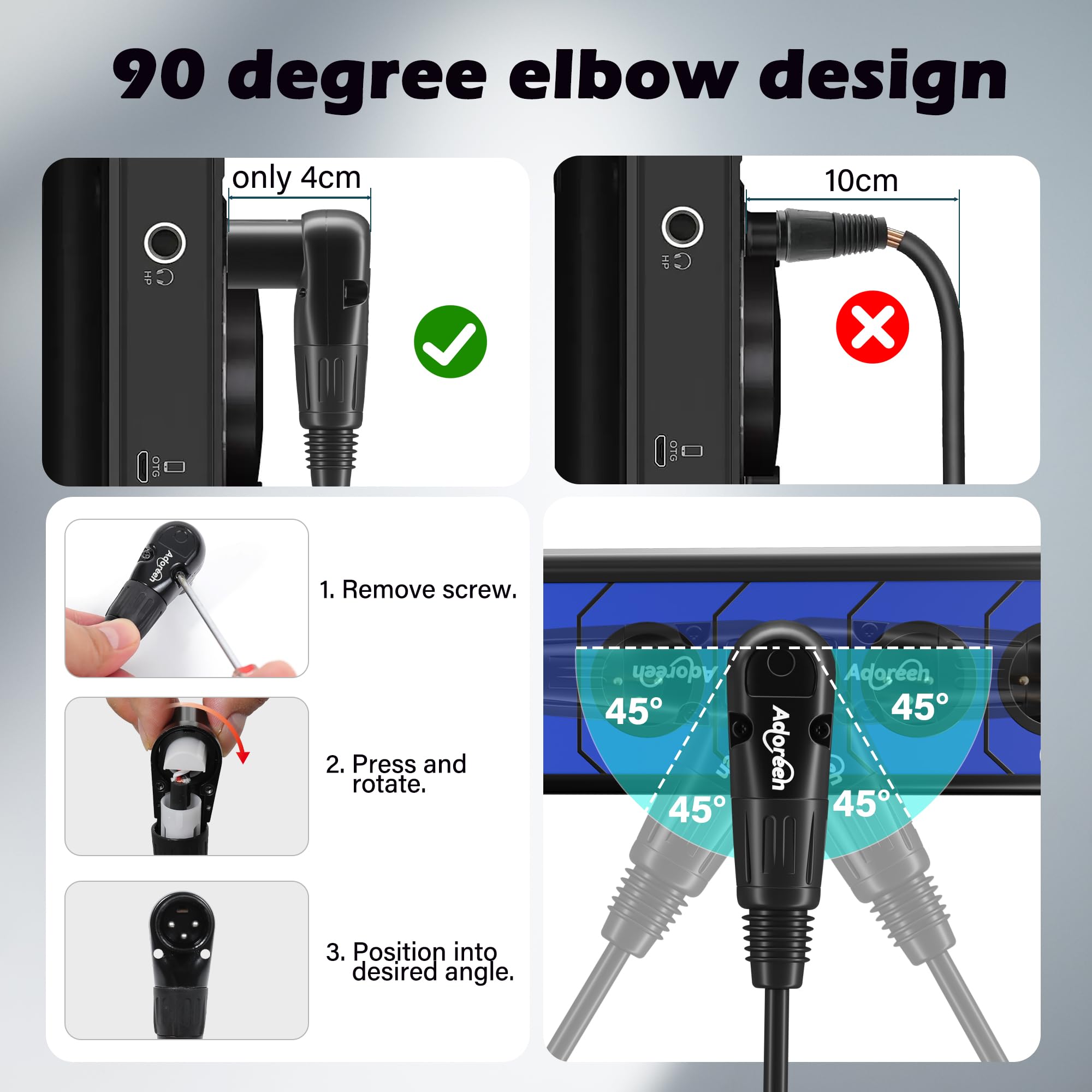 Adoreen Cable de micrófono XLR macho a XLR hembra en ángulo recto de 25 pies, cable de conexión DMX de 3 pines ajustable de 90 grados para grabación en vivo y sistema de altavoces