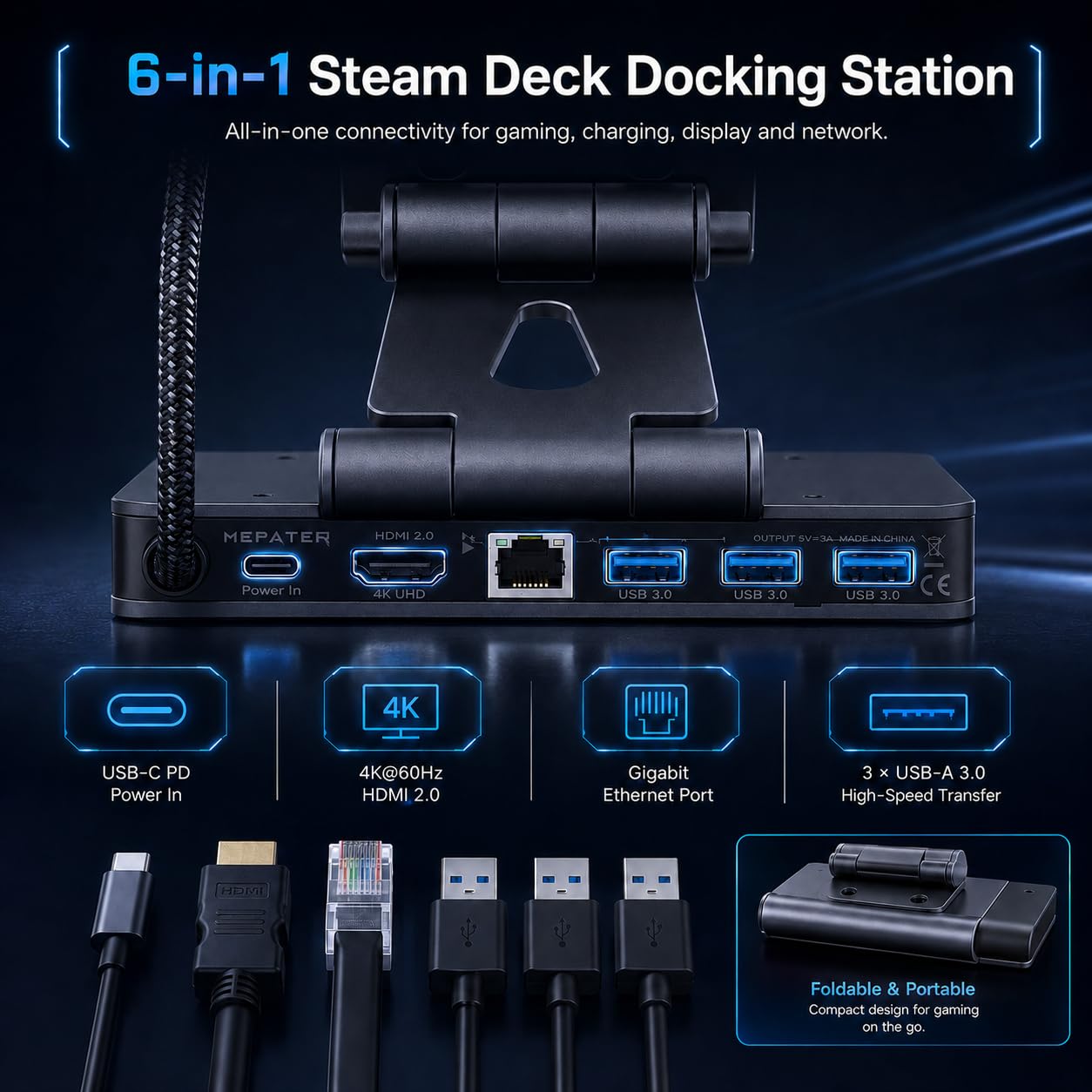 Docking station Steam Deck Dock: supporto regolabile 6 in 1 Hub Stream Deck Accessori con HDMI 2.0 4K @ 60Hz TV/1Gb Ethernet/3* USB-A 3.0/PD 3.0 Ricarica rapida per Steam, iPad, altri smartphone nero