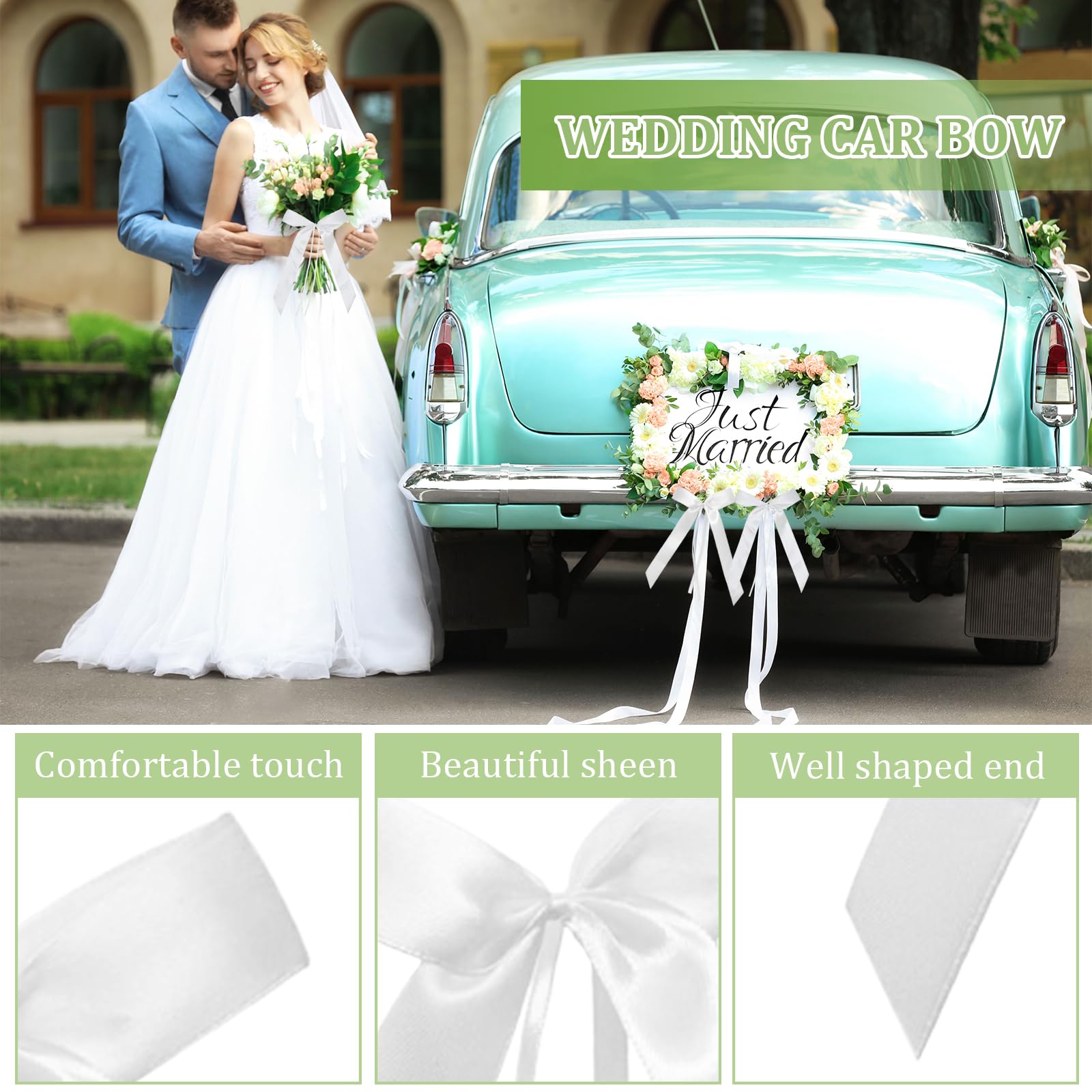50 Pièces Noeud Voiture Mariage, Fait à La Main Ruban de Satin Noeuds d'Antenne, Noeud Blanc Decoration, Décoration de Voiture Mariage, pour Décoration de Voiture, Mariage, Noël, Fête