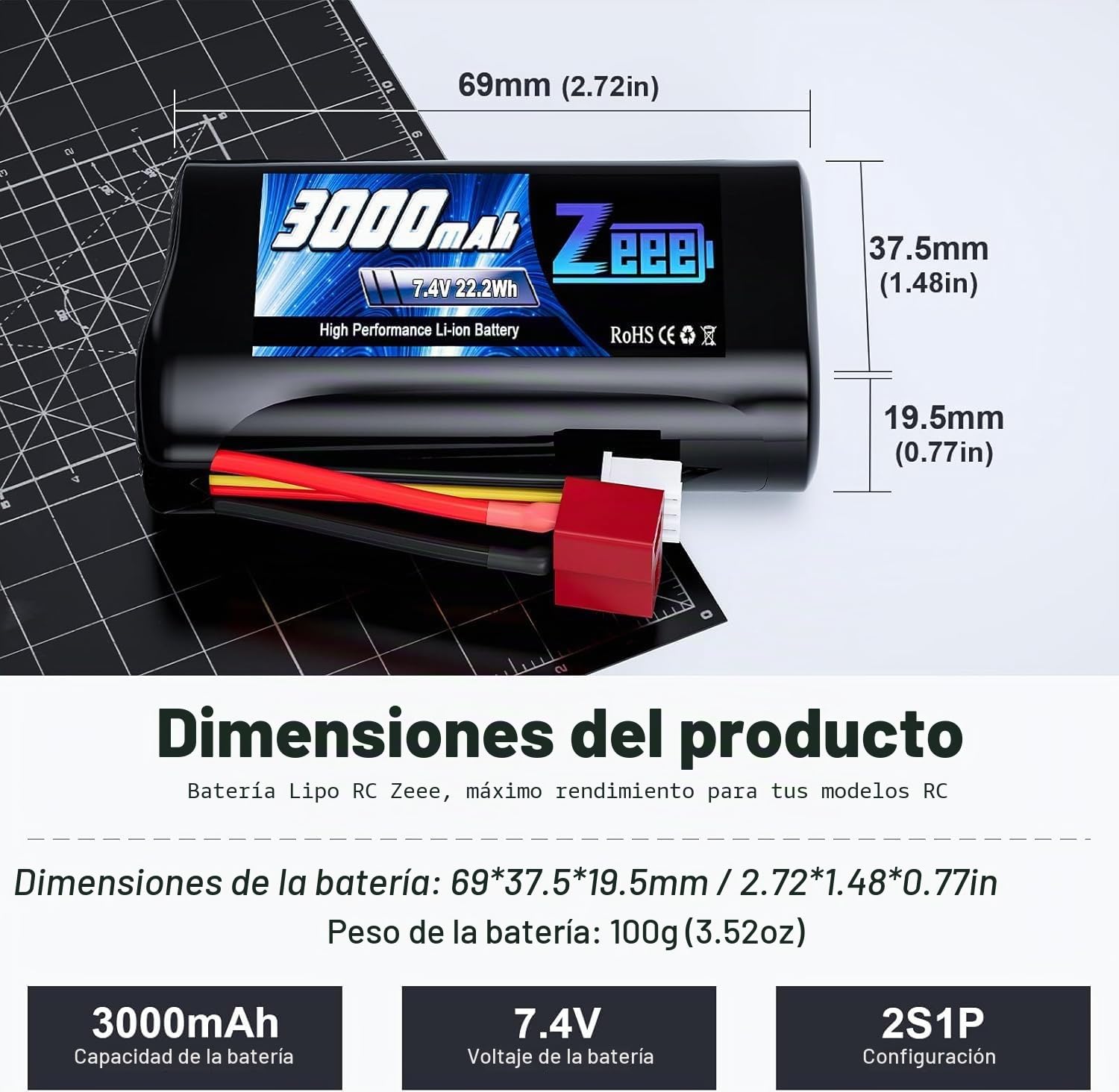 Zeee 2S Batería Li-Ion 7.4V 3000mAh con Conector Deans Batería RC Recargable Compatible con Coche RC de Alta Velocidad 4WD Escala 1/16 Coche RC Barco RC Camiones RC (2pcs)