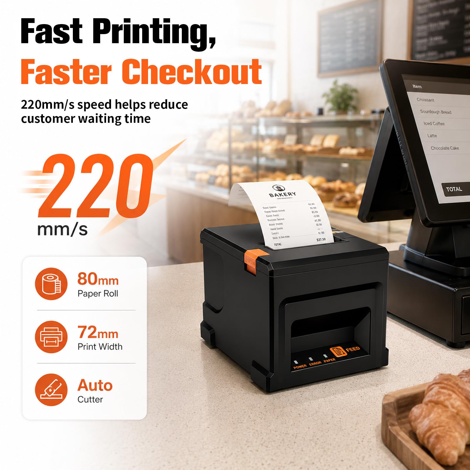 Drukarka termiczna 220 mm/s – drukarka bonów z automatyczną obcinarką do papieru, USB, bezgłośna i cicha praca, do systemu Windows/Mac, w zestawie 5 rolek papieru termicznego 80 mm, do handlu