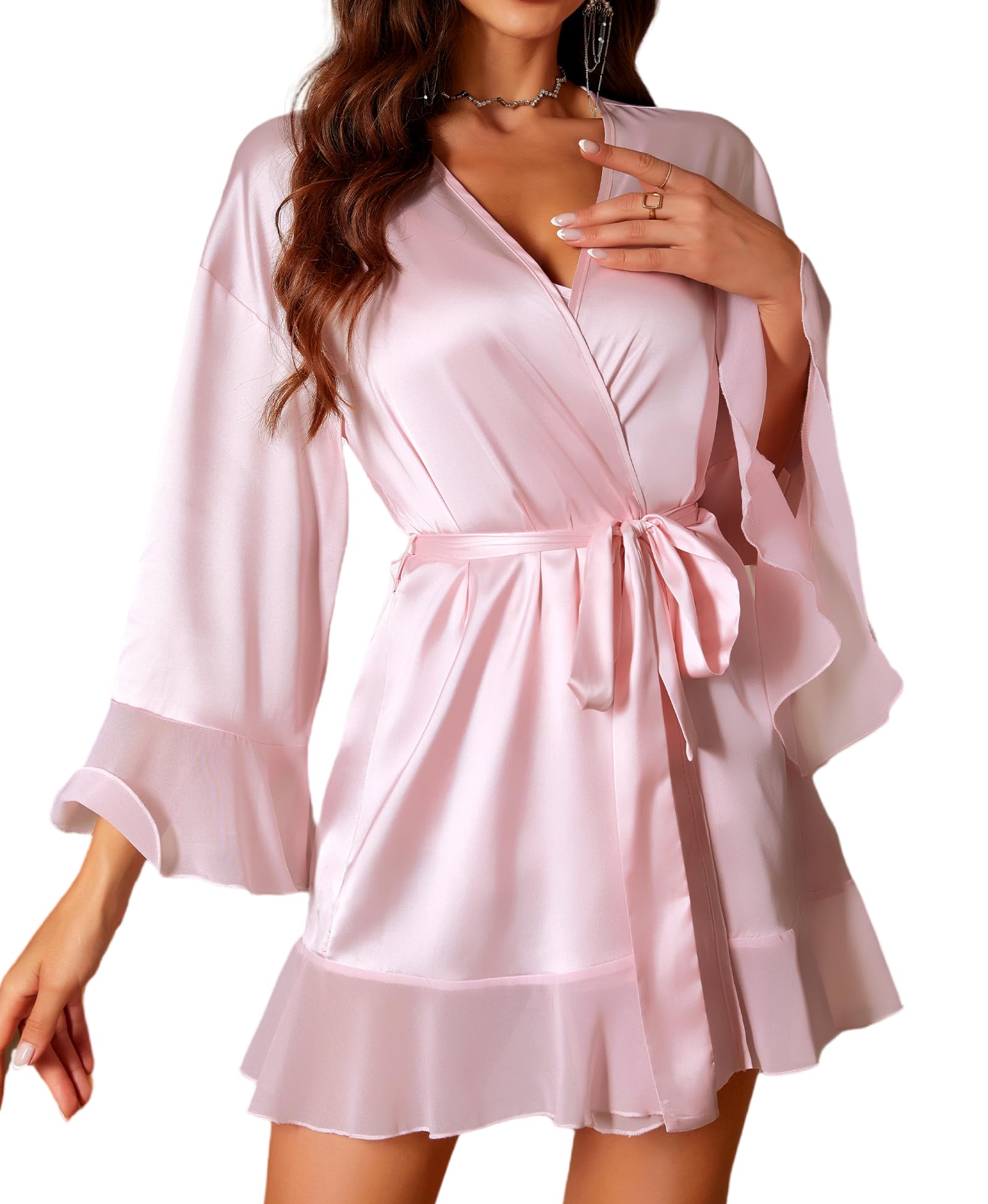 RSLOVE Sexy Dessous für Damen - Satin Morgenmantel Bademantel Hochzeit Robe Mit Body