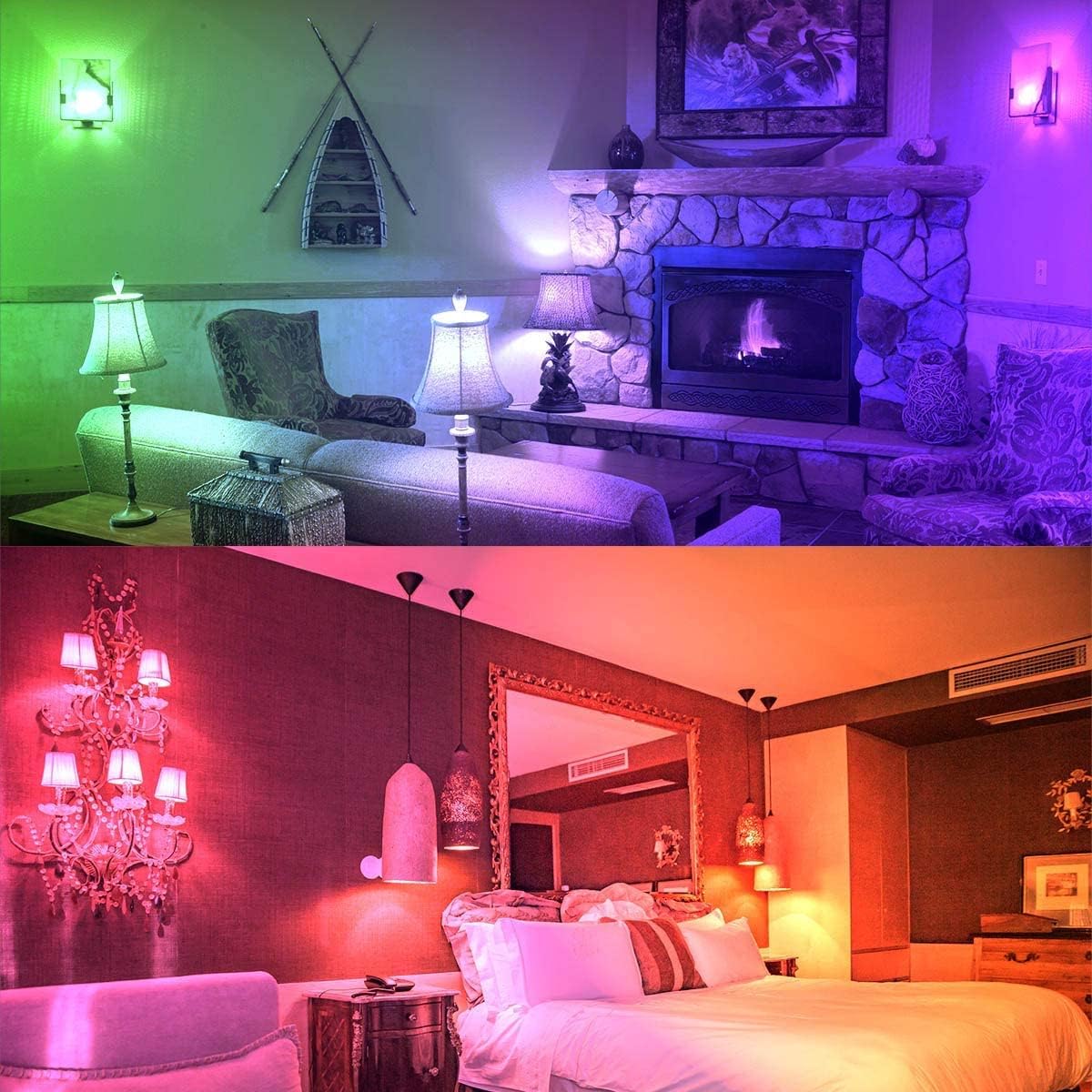 Rooms illuminated with different colored HEKEE RGBW LED bulbs
