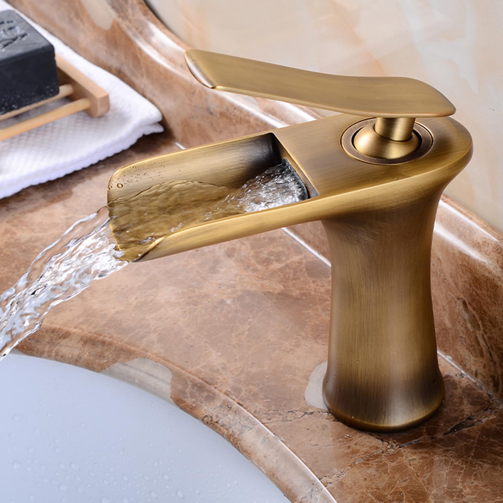 SOHNVWTGD Antique Waterfall Basin Tap Single Handle Antique Bathroom Taps Brass Retro Mixer Tap Bathroom Sink,Antique
