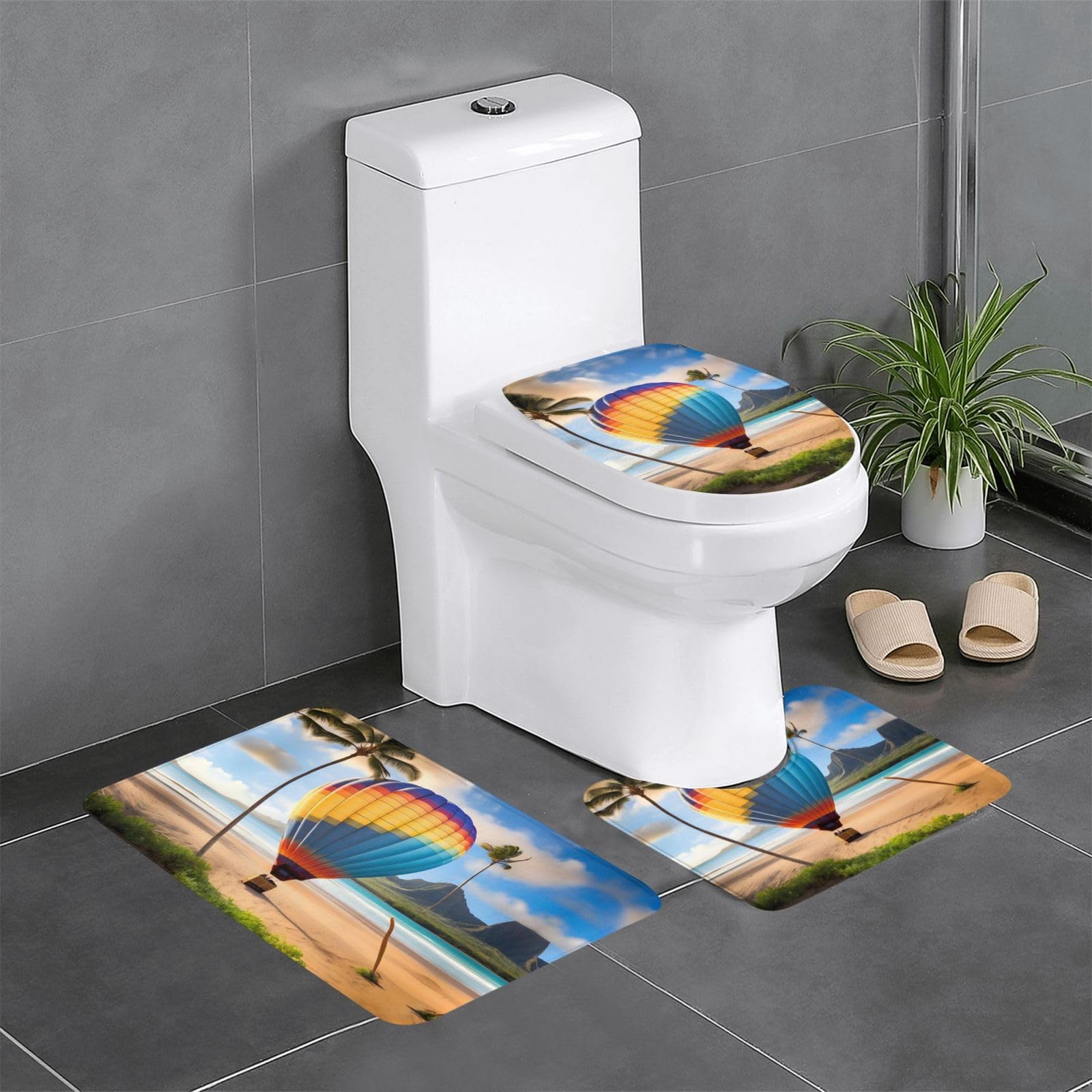 VERSlEH Hawaii Hot Air Balloon 3-Piece Bathroom Rug Set - Anti-Slip Absorbent Bath Mat + U-Shaped Toilet Mat + Toilet Seat Cover 24 X 16 Inches