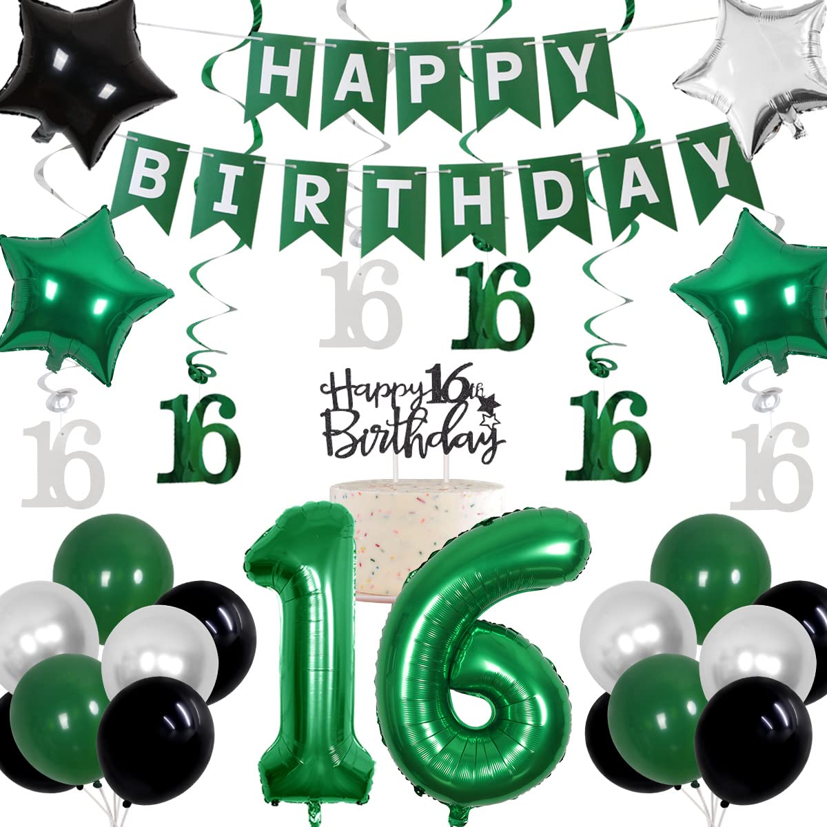 Cheereveal 16th Birthday Decorations for Boys Green, Happy Birthday Party Supplies with Hanging Swirls Happy Birthday Banner Cake Topper Number 16